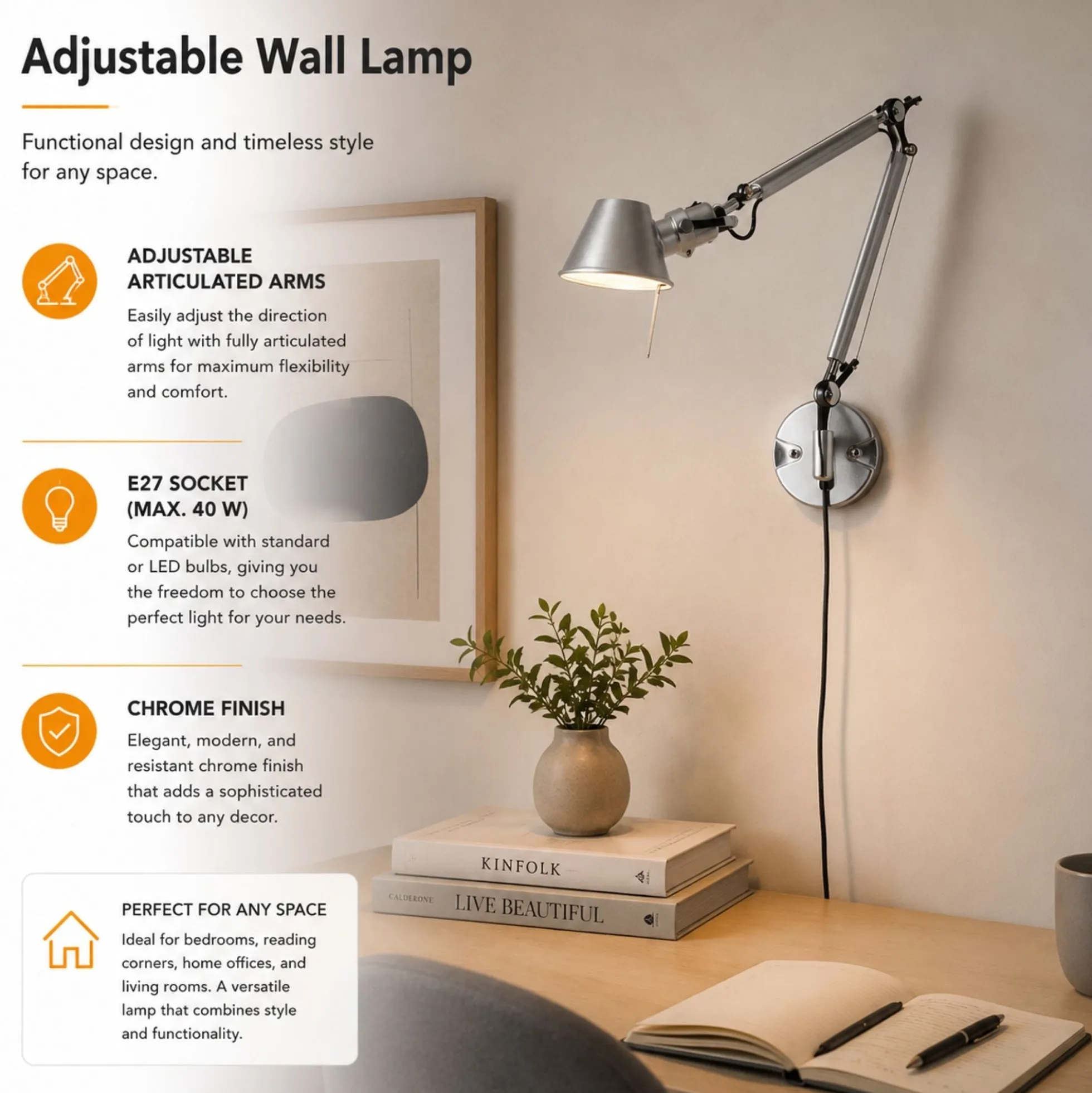 Aplique de pared de diseño "ATENEA" - Brazos articulados - E27