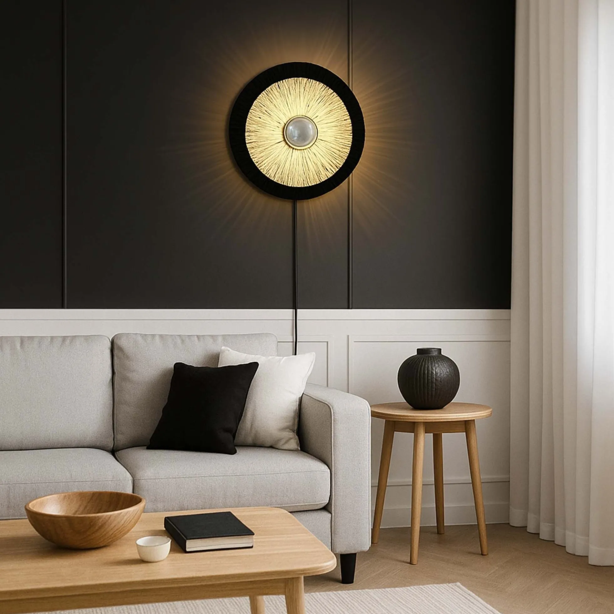 Aplique de pared de fibra natural Rafia "HALLIE" - E27 - Interruptor y enchufe