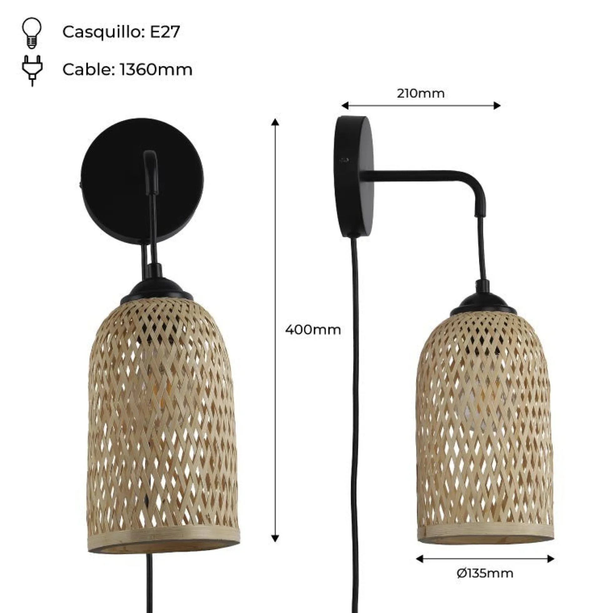 Aplique de pared de mimbre con enchufe "Frida" E27