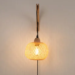 Aplique de pared de mimbre y madera "Phuket" - Con cable y enchufe - E27