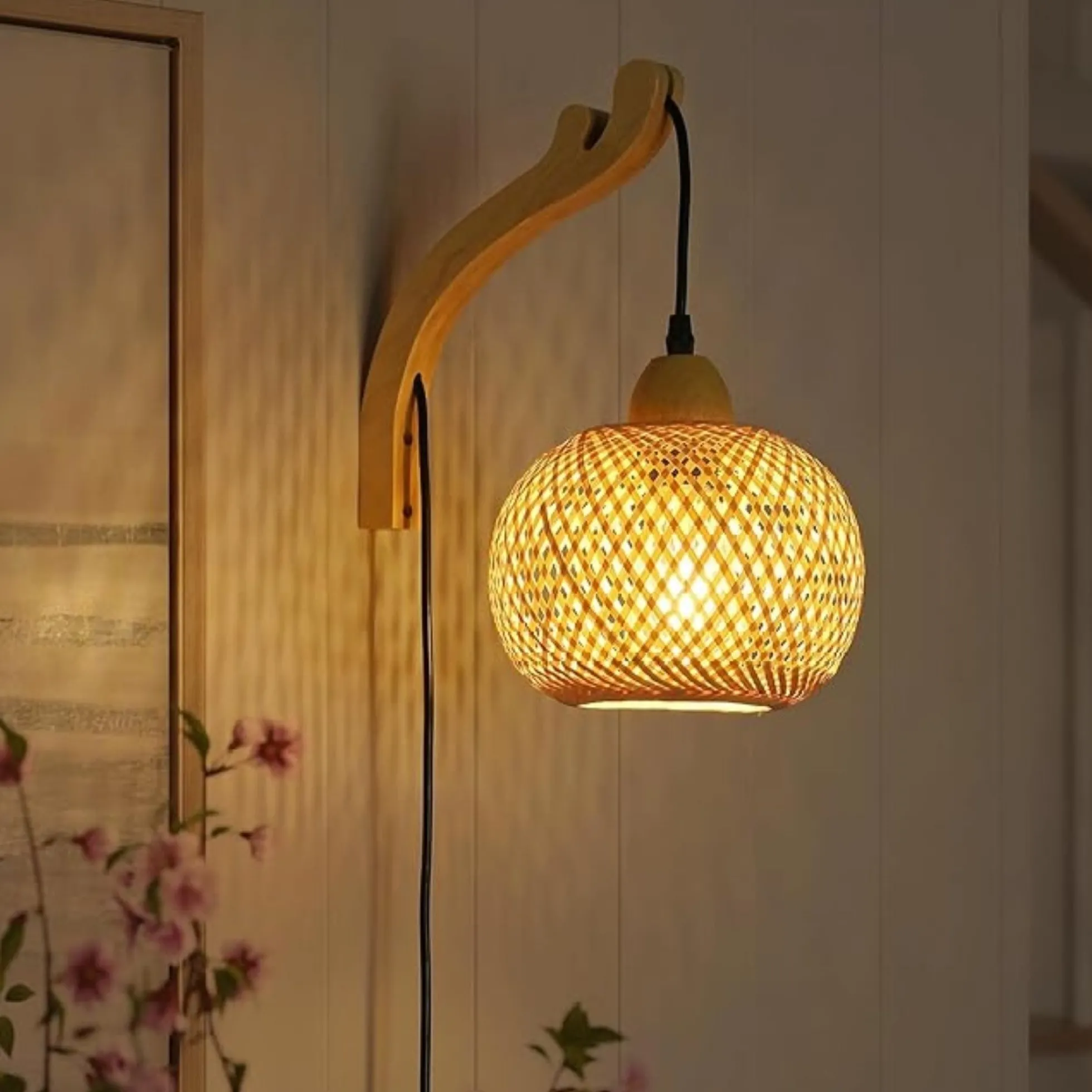Aplique de pared de mimbre y madera "Phuket" - Con cable y enchufe - E27