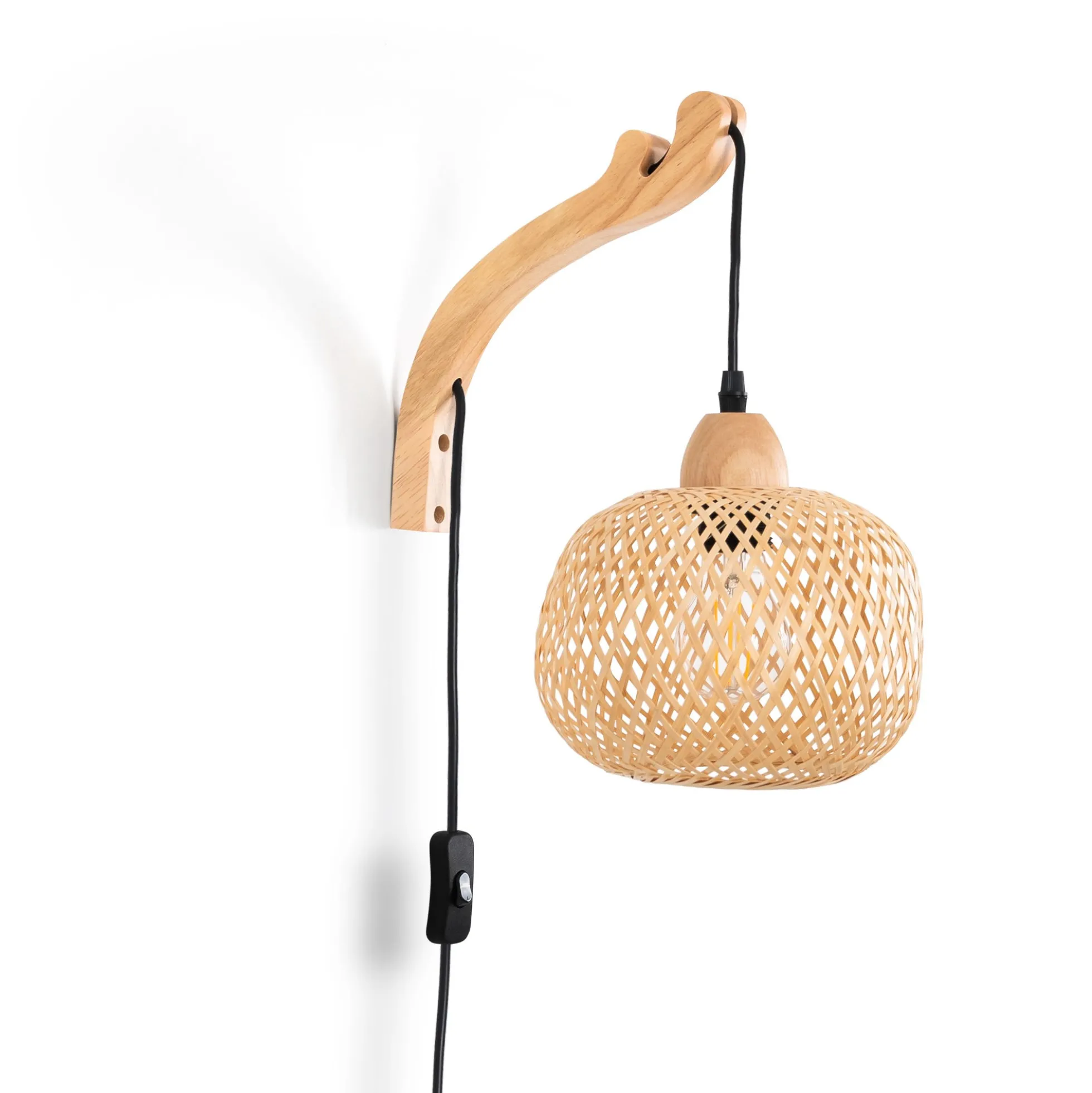 Aplique de pared de mimbre y madera "Phuket" - Con cable y enchufe - E27