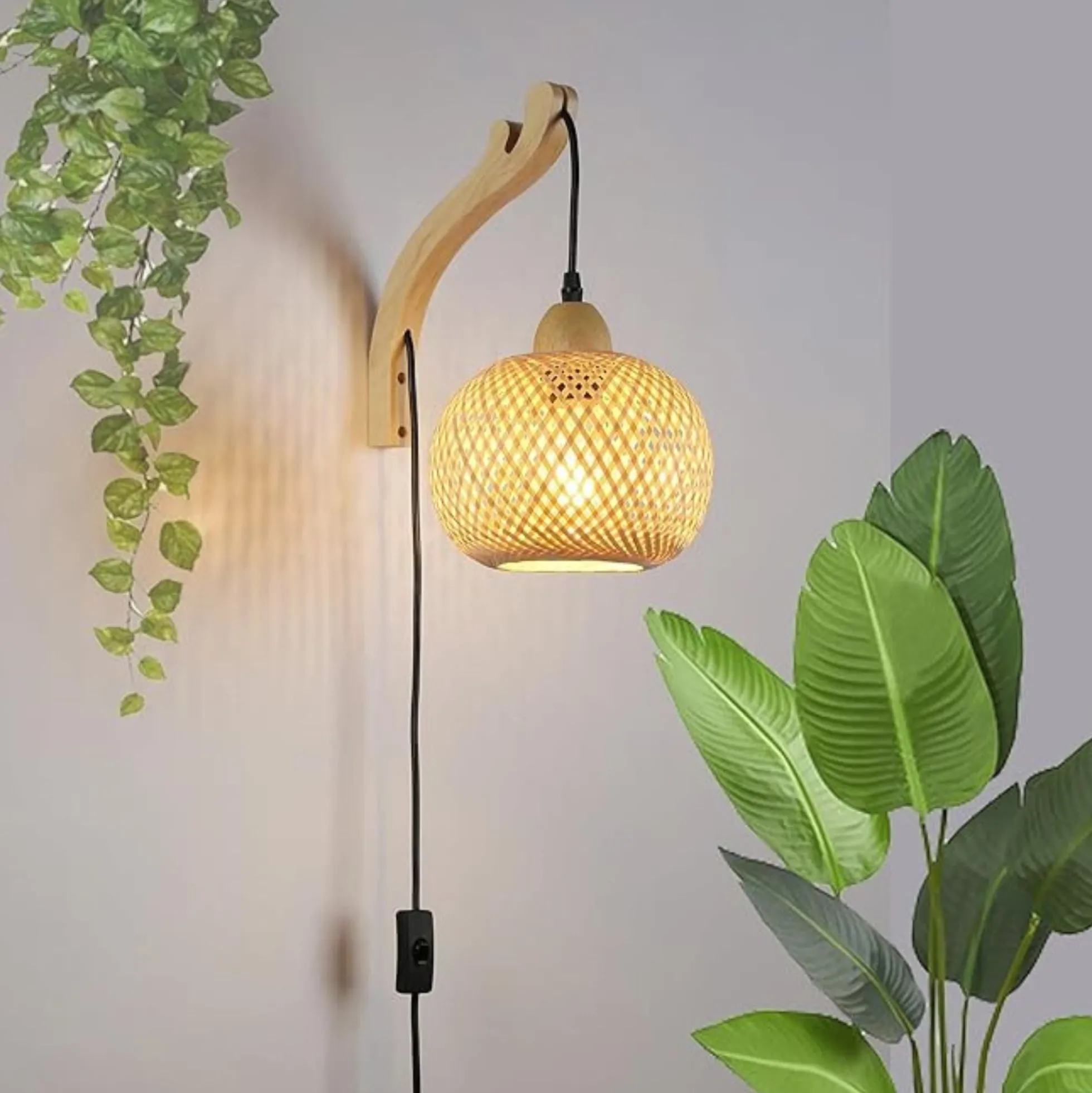 Aplique de pared de mimbre y madera "Phuket" - Con cable y enchufe - E27