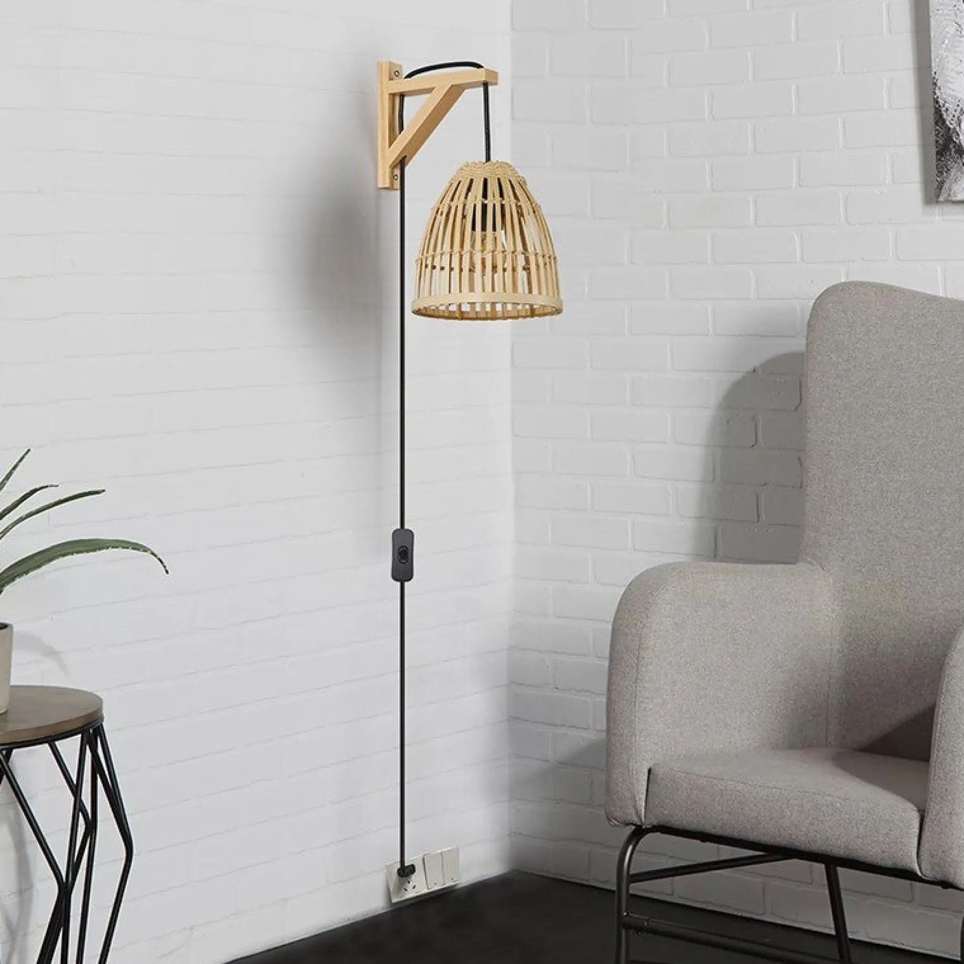 Aplique de pared en madera con pantalla de bambú "CESTA"