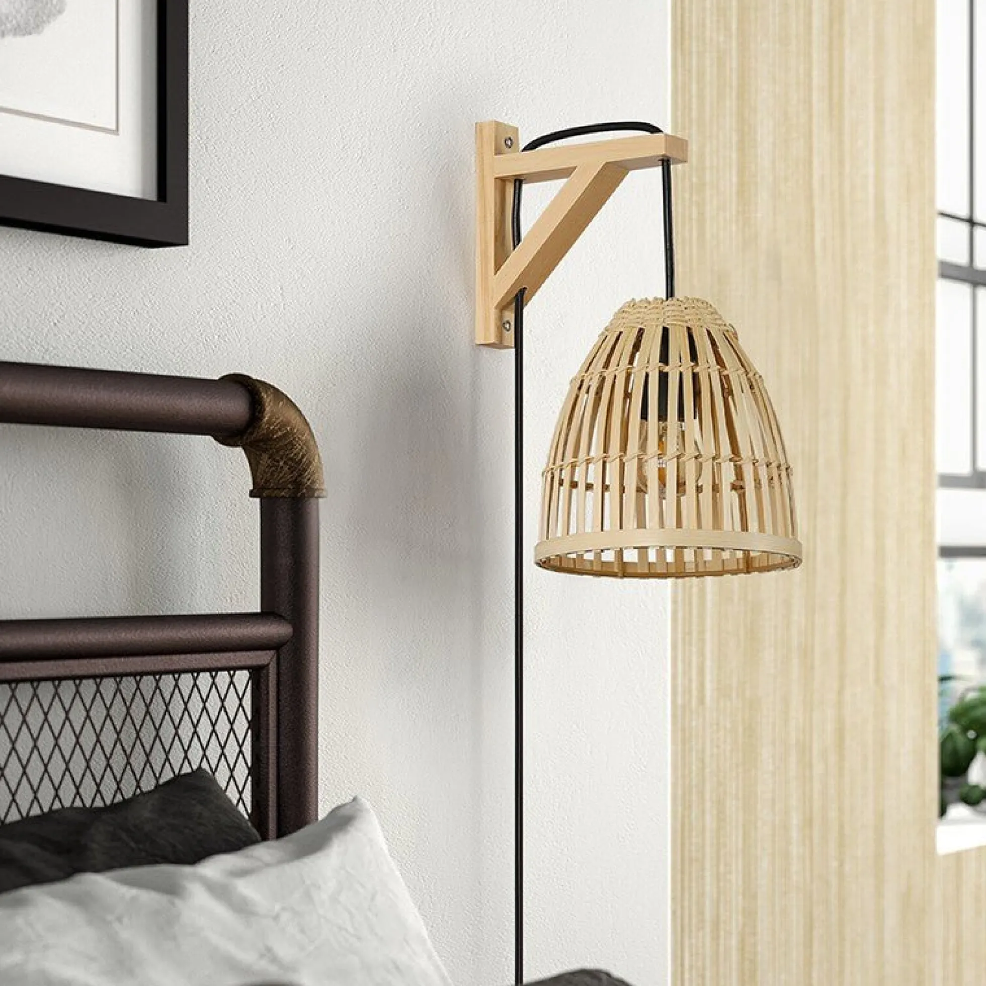 Aplique de pared en madera con pantalla de bambú "CESTA"