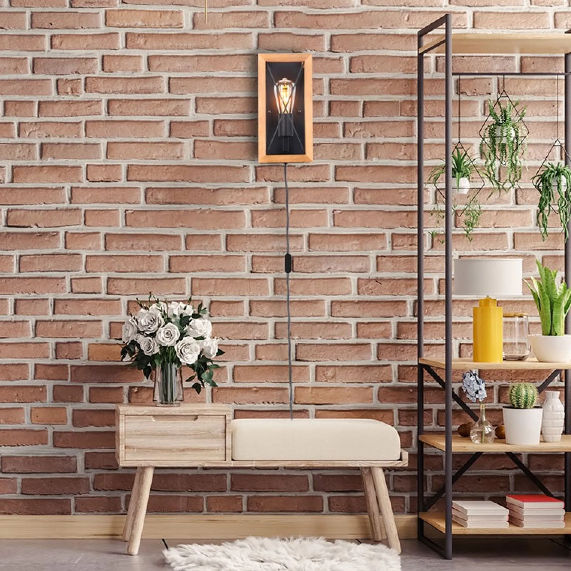 Aplique de pared en madera y metal, con cable y enchufe "Montse" - E27