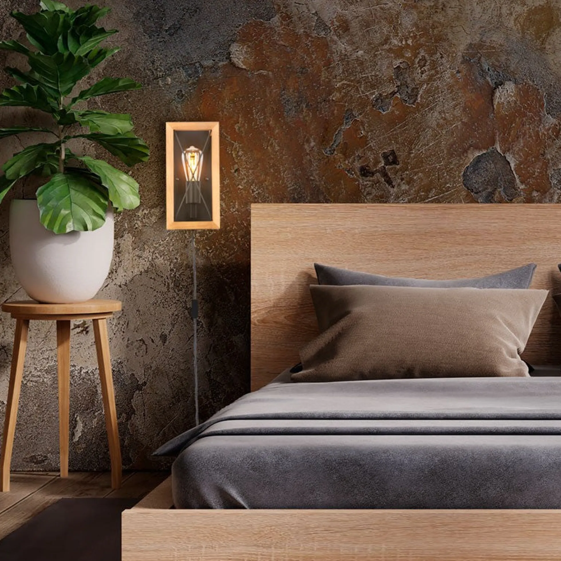 Aplique de pared en madera y metal, con cable y enchufe "Montse" - E27
