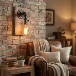 Aplique de pared estilo industrial de madera y metal