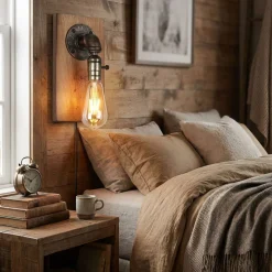 Aplique de pared estilo industrial de madera y metal