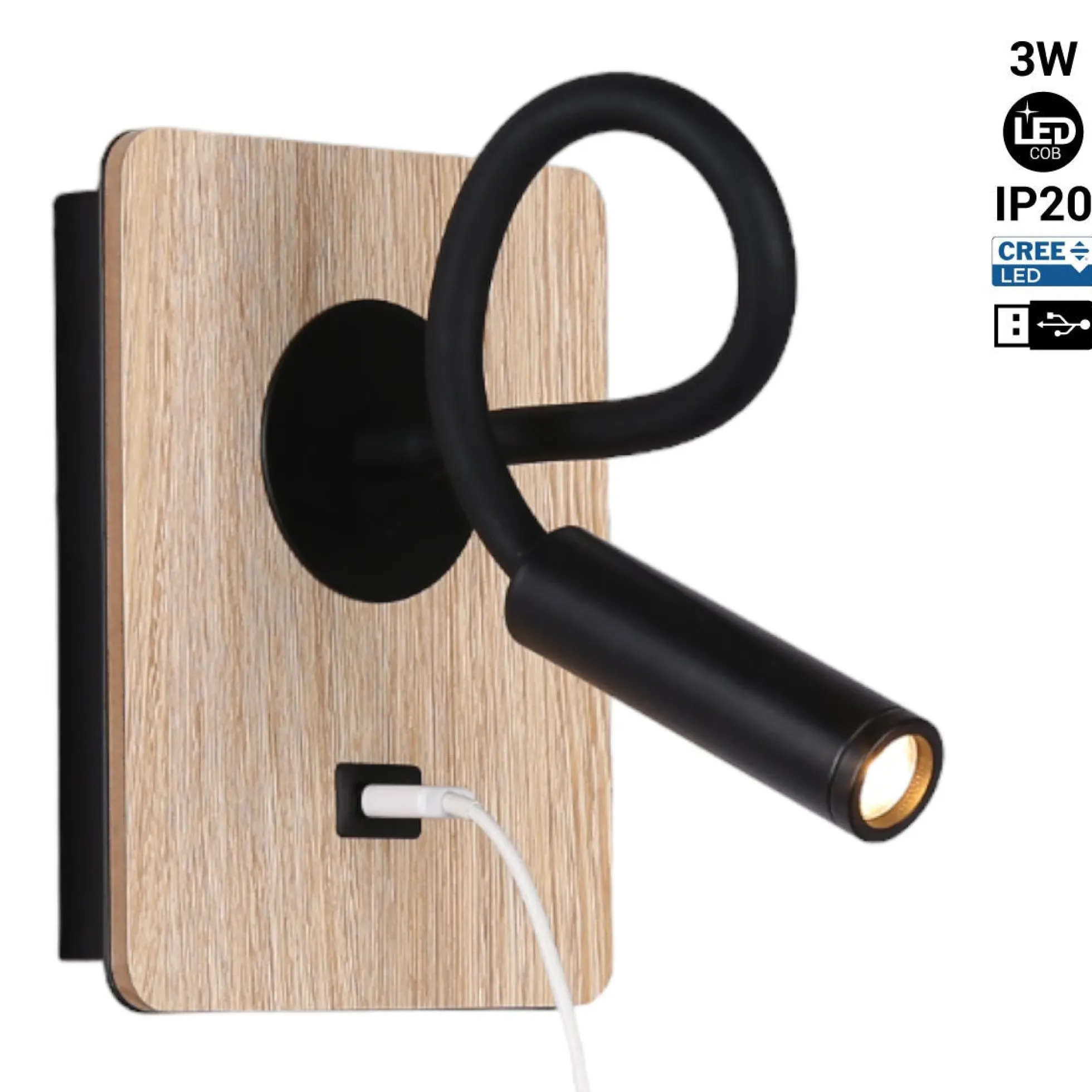 Aplique de pared flexible para lectura con puerto USB "LONDON USB" - Chip CREE - 3W