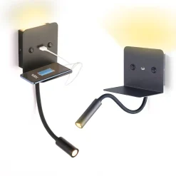 Aplique de pared LED para lectura "SLANGE" 3W + 6W orientable y base de carga USB