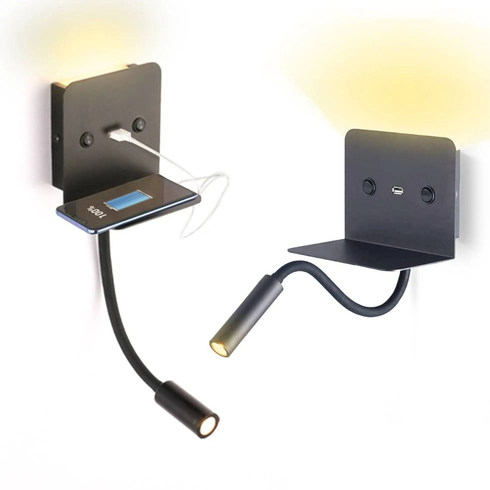 Aplique de pared LED para lectura "SLANGE" 3W + 6W orientable y base de carga USB