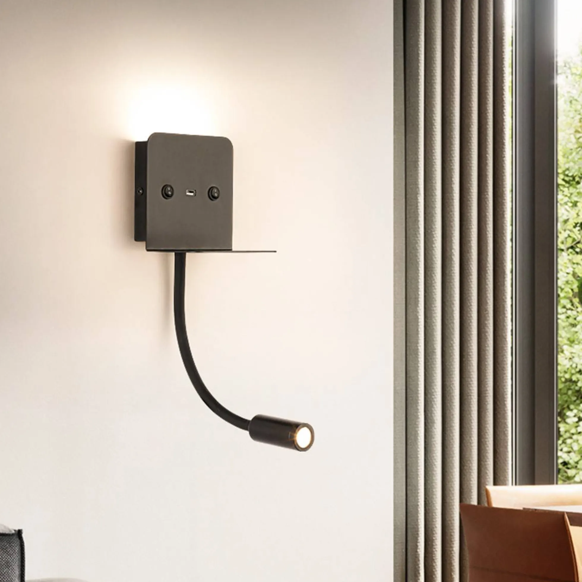Aplique de pared LED para lectura "SLANGE" 3W + 6W orientable y base de carga USB