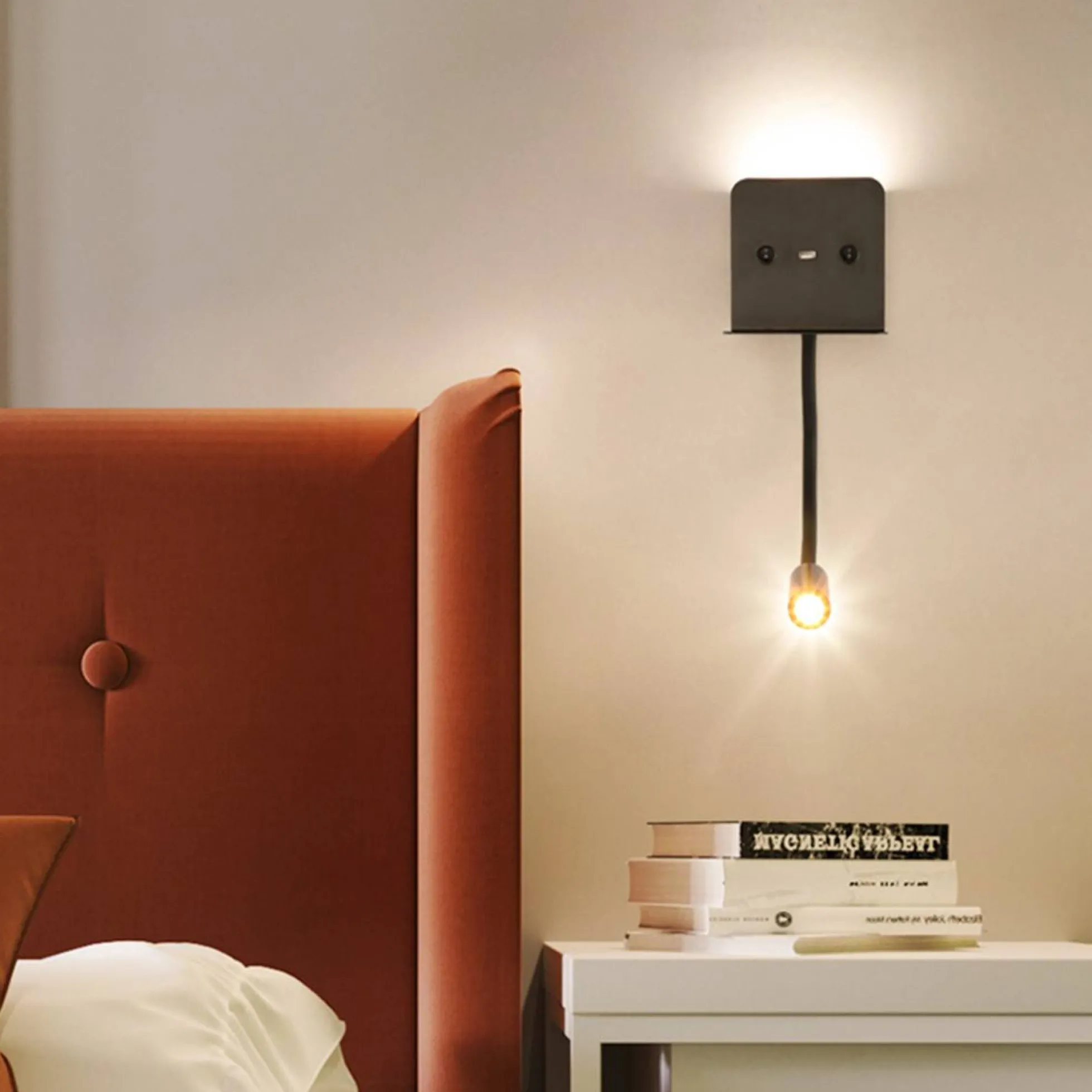 Aplique de pared LED para lectura "SLANGE" 3W + 6W orientable y base de carga USB