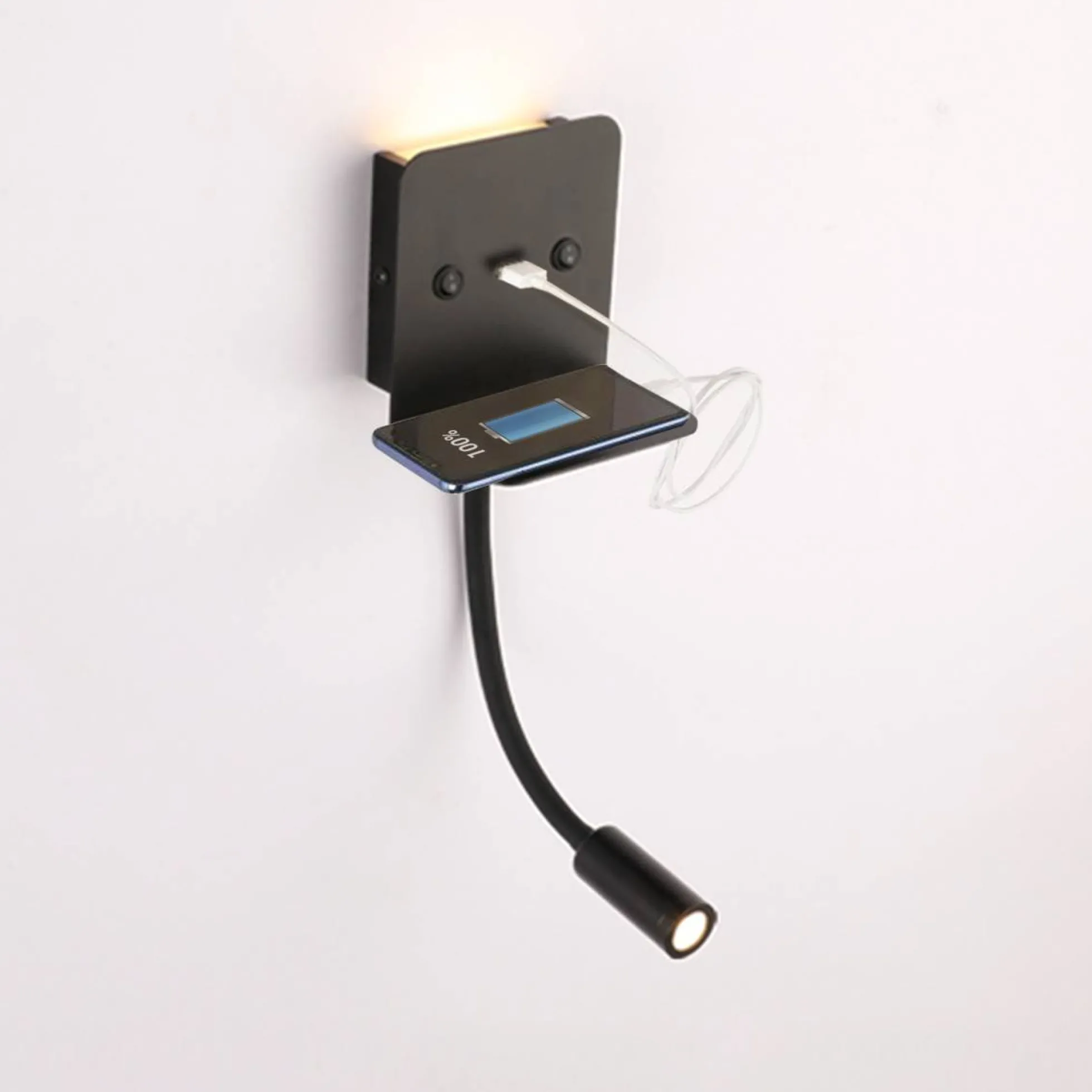 Aplique de pared LED para lectura "SLANGE" 3W + 6W orientable y base de carga USB