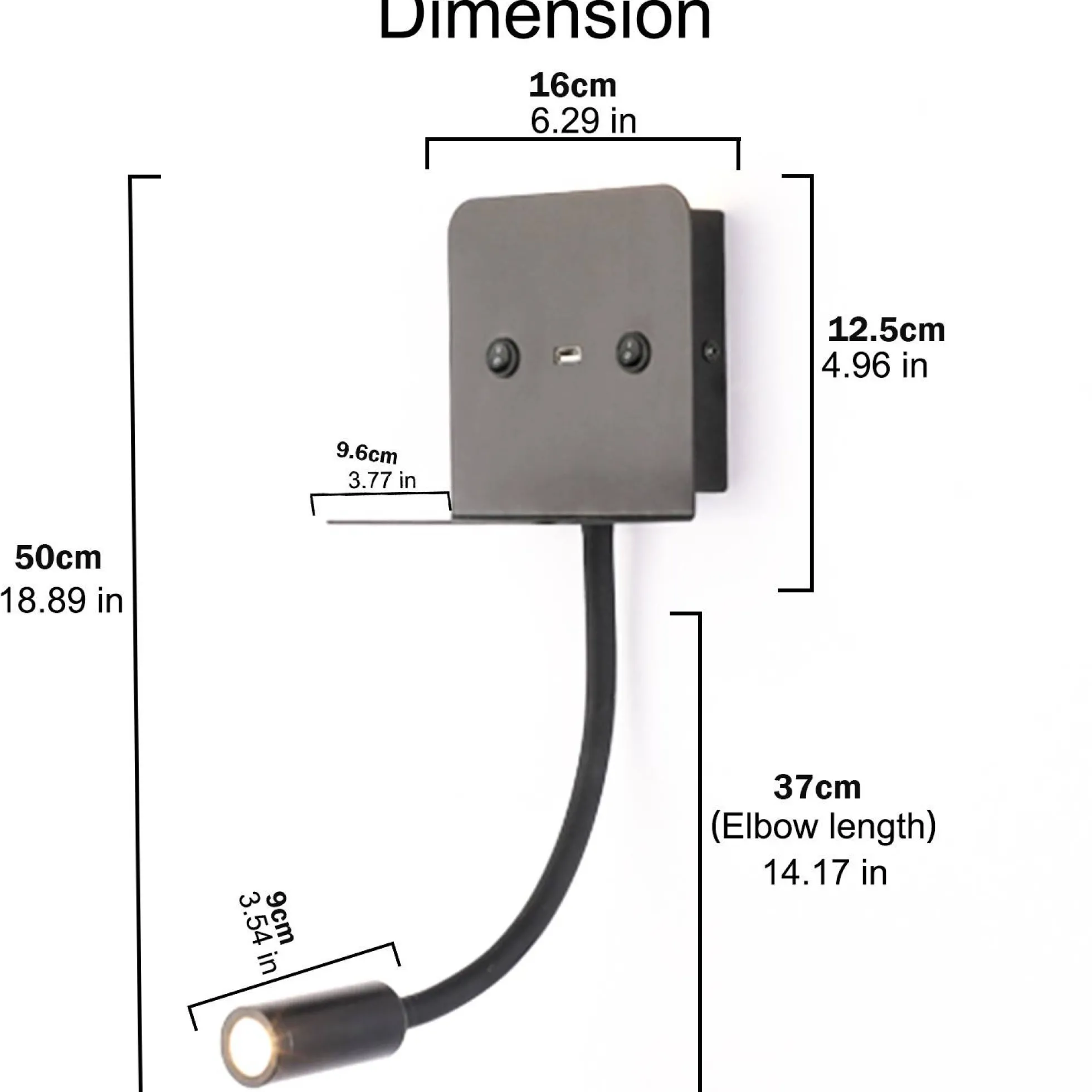 Aplique de pared LED para lectura "SLANGE" 3W + 6W orientable y base de carga USB