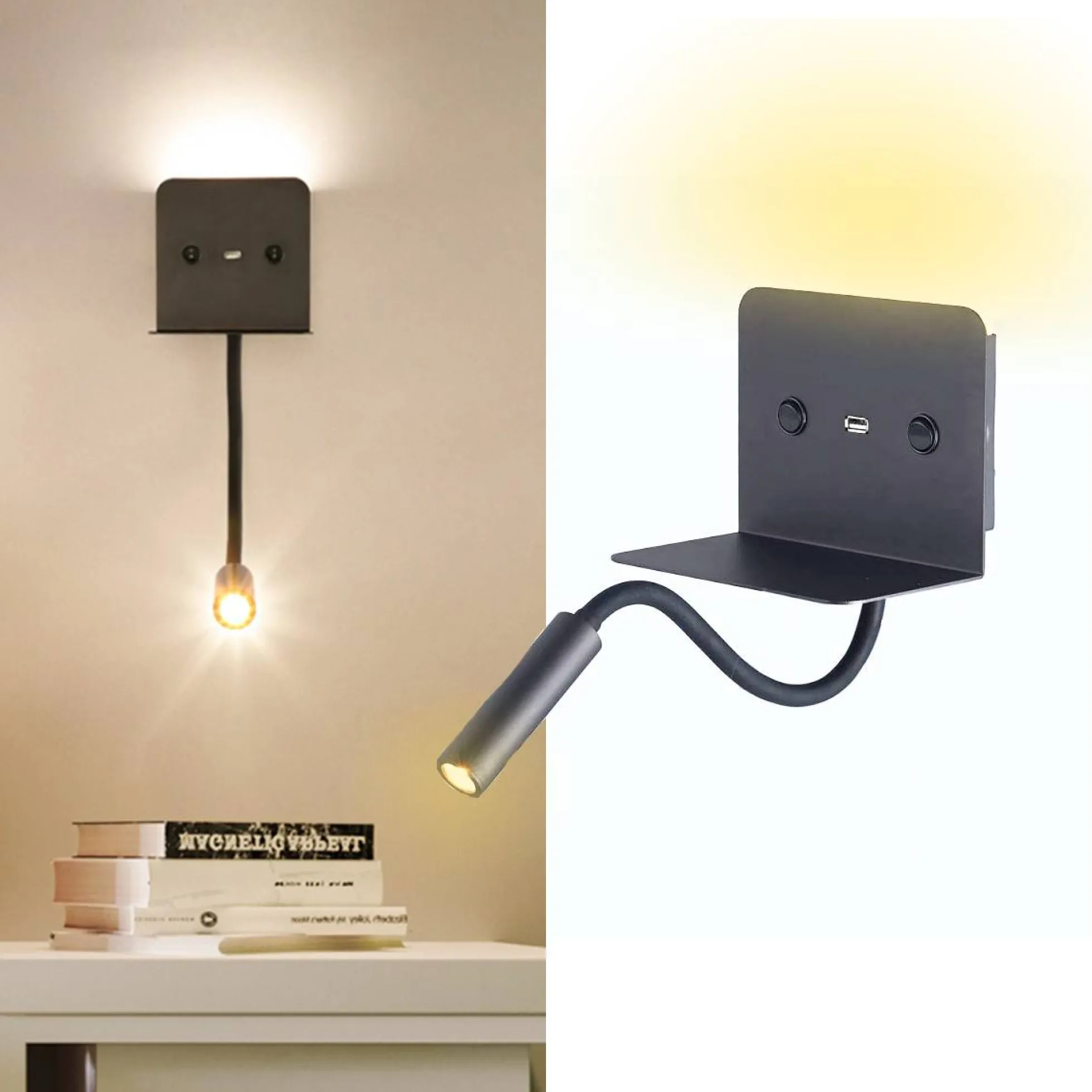 Aplique de pared LED para lectura "SLANGE" 3W + 6W orientable y base de carga USB