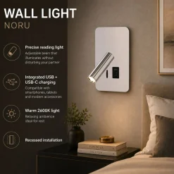 Aplique de pared "NORU" - 3W - 2600K - USB+USB-C - Empotrable