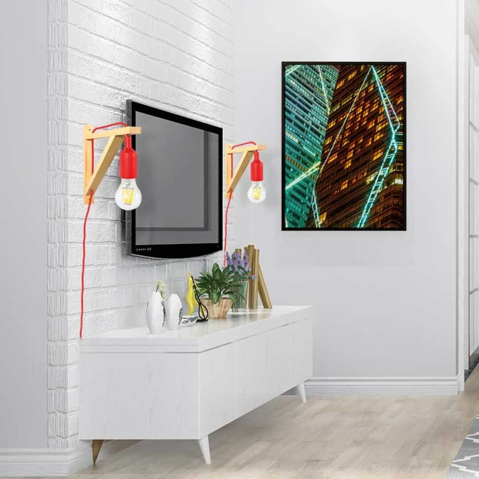 Aplique de pared nórdico "YOJO" -Escuadra de madera y colgante de silicona