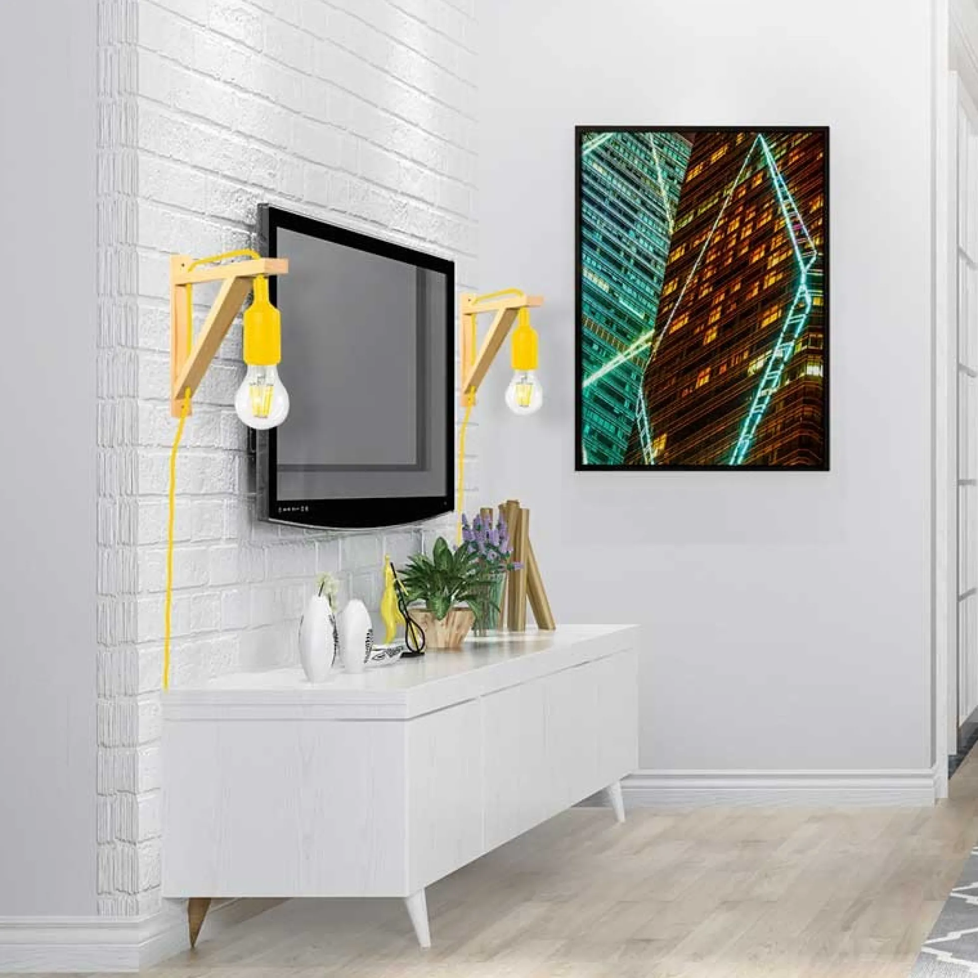 Aplique de pared nórdico "YOJO" -Escuadra de madera y colgante de silicona