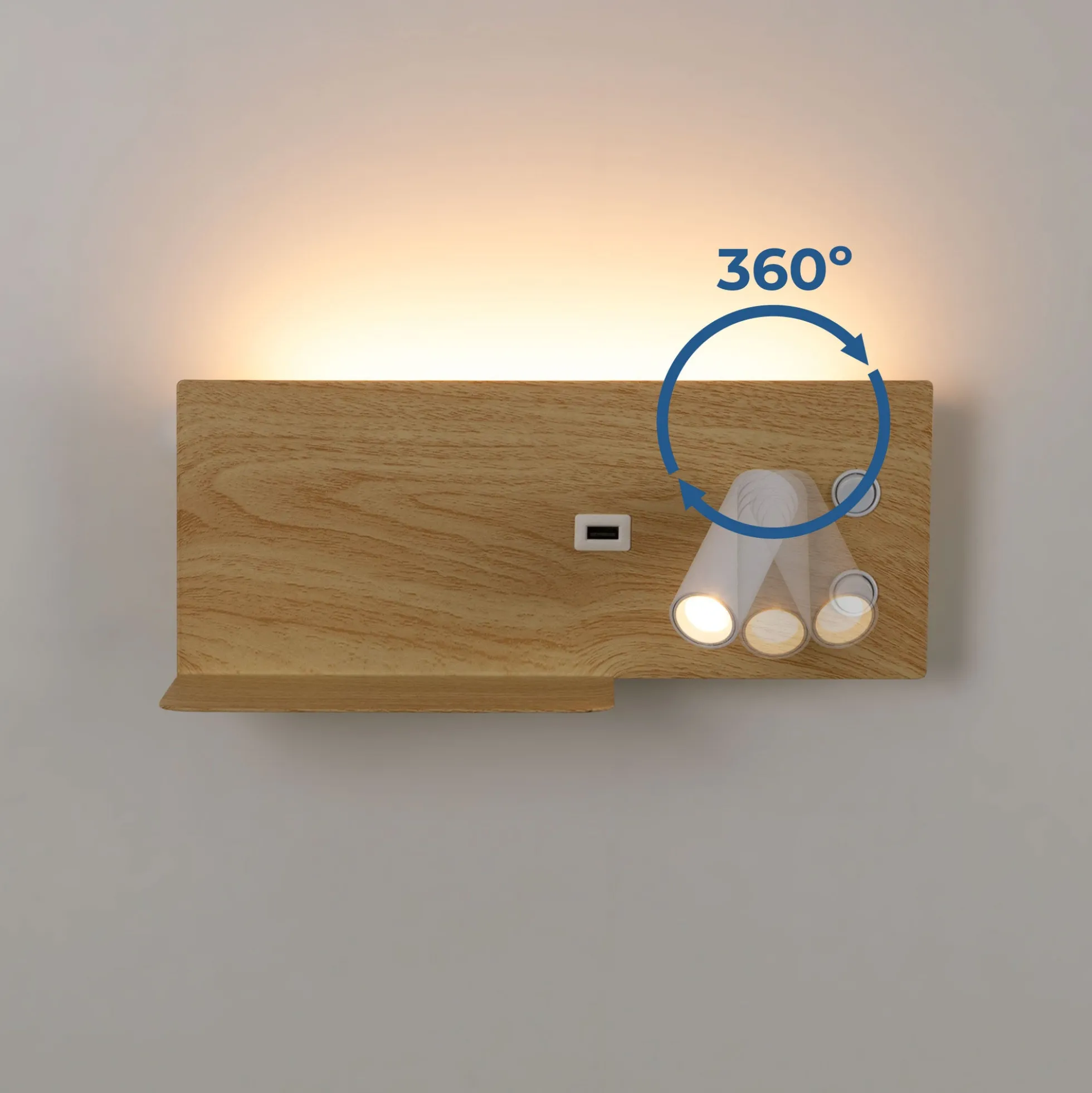 Aplique de pared para lectura con puerto USB "Kerta" - Iluminación doble - 3W+7W, lado derecho