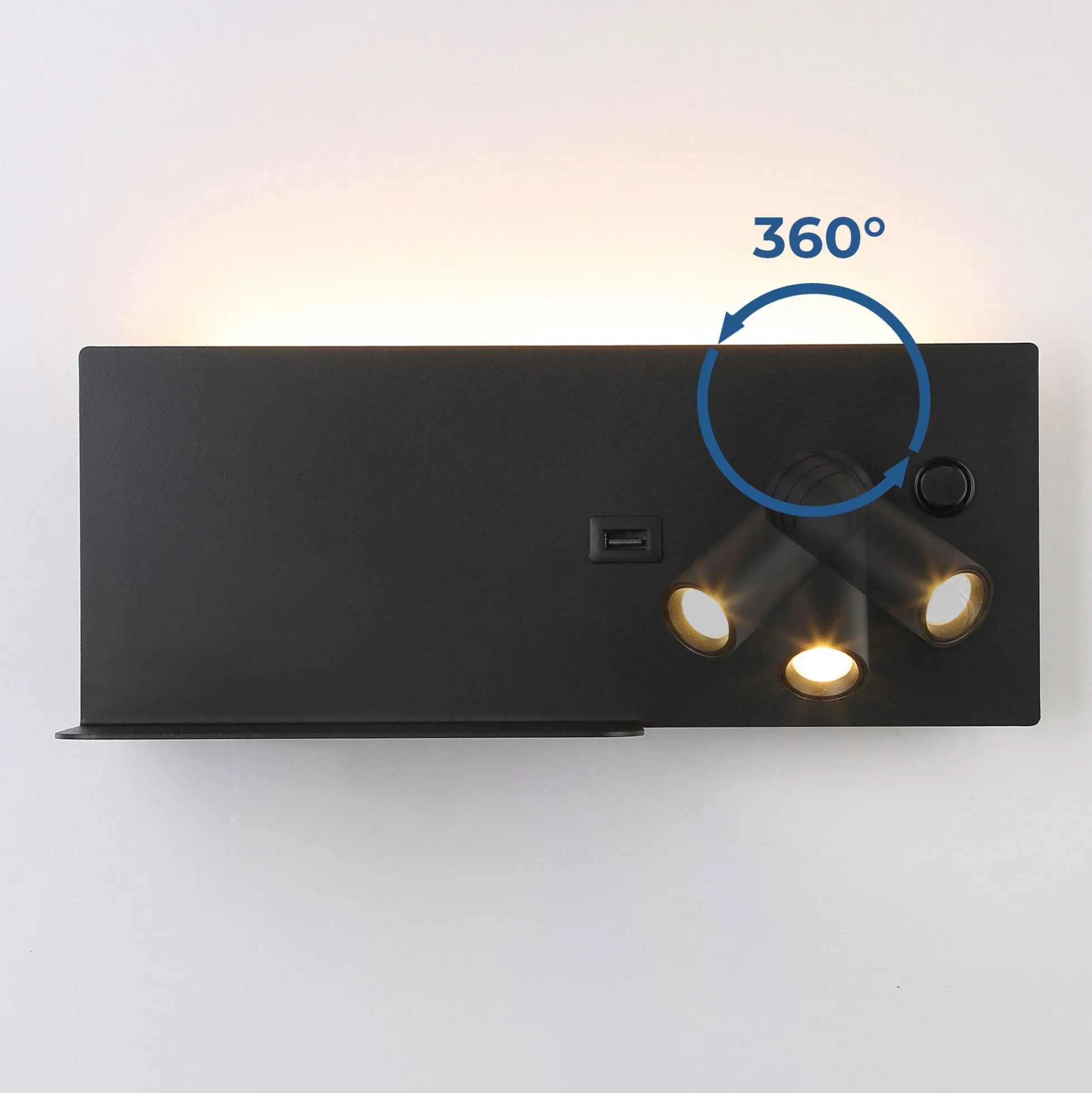 Aplique de pared para lectura con puerto USB "Kerta" - Iluminación doble - 3W+7W, lado derecho