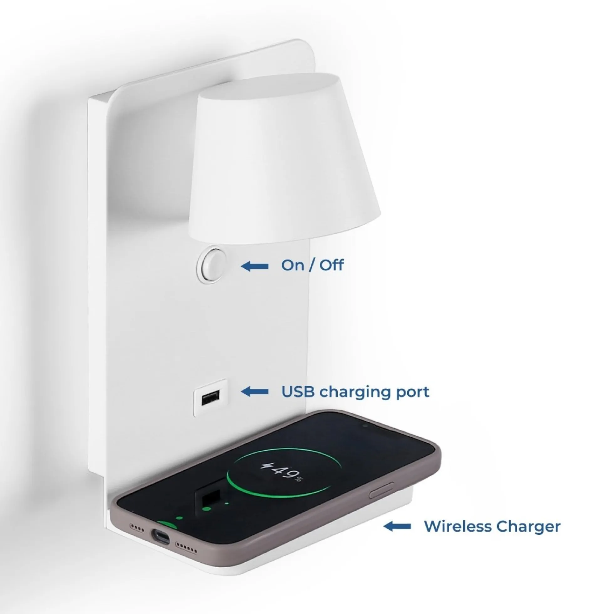 Aplique de pared para lectura con puerto USB "BASKOP W" - 6W - Base carga inalámbrica