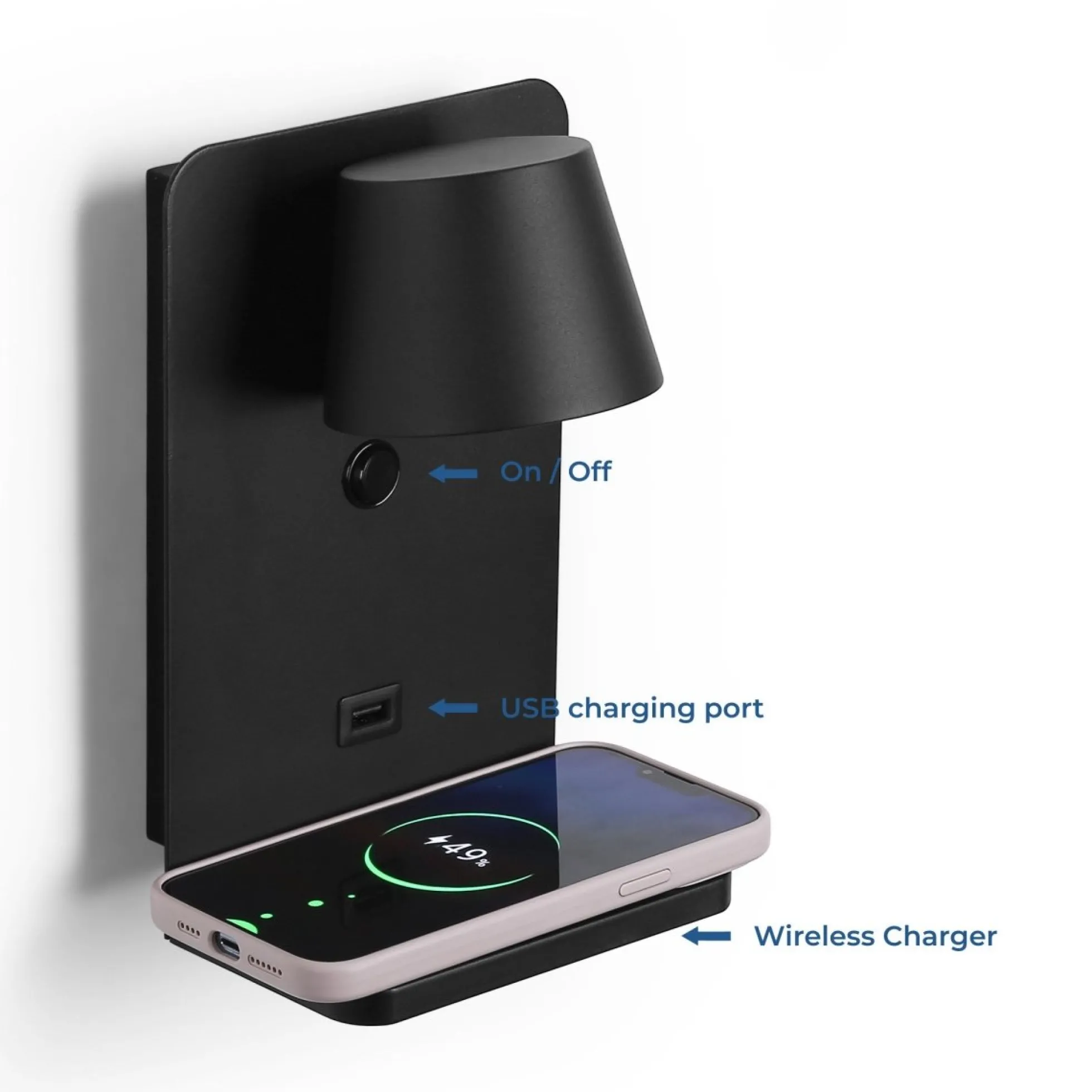 Aplique de pared para lectura con puerto USB "BASKOP W" - 6W - Base carga inalámbrica