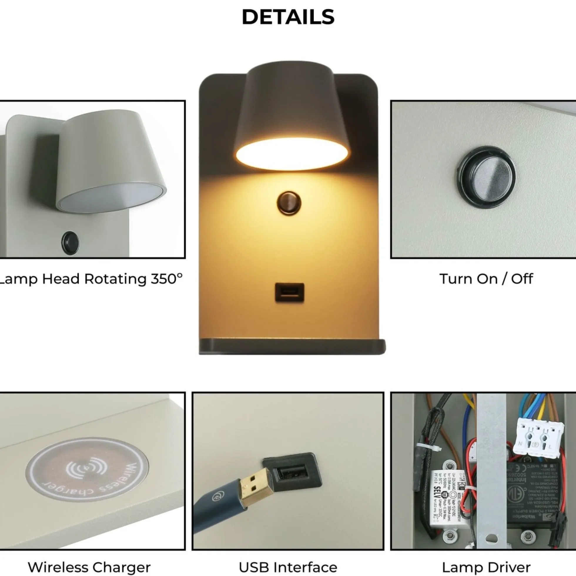 Aplique de pared para lectura con puerto USB "BASKOP W" - 6W - Base carga inalámbrica