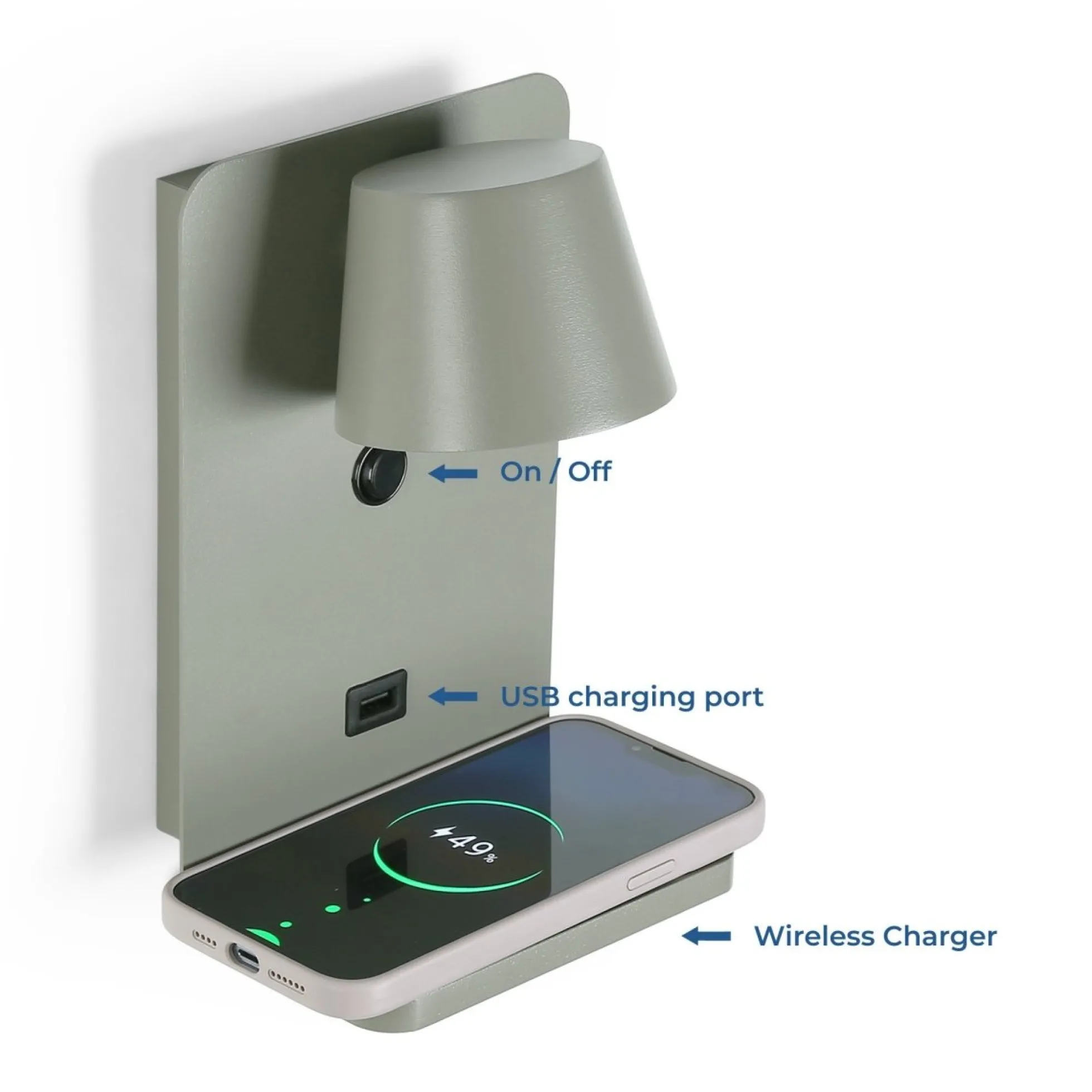 Aplique de pared para lectura con puerto USB "BASKOP W" - 6W - Base carga inalámbrica