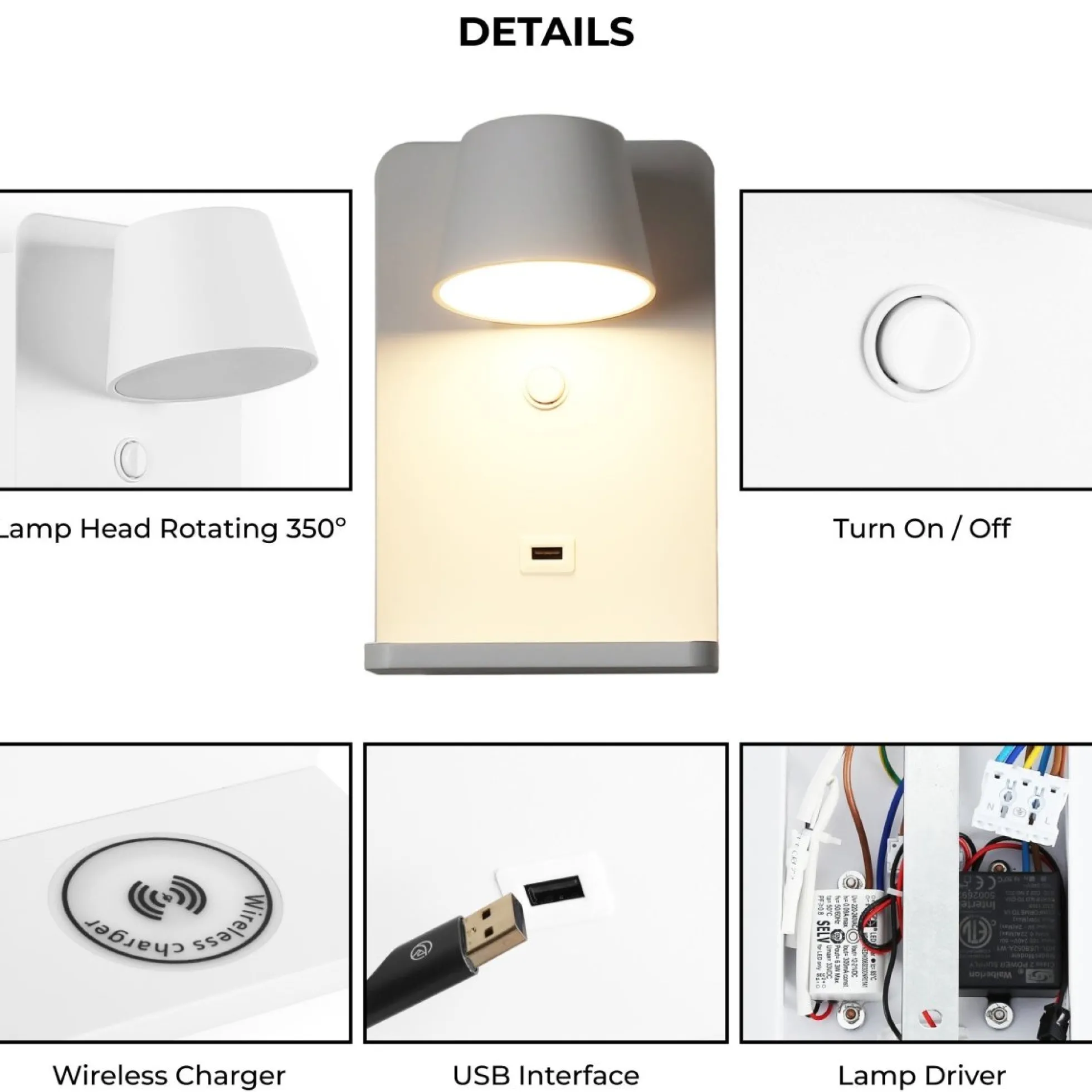 Aplique de pared para lectura con puerto USB "BASKOP W" - 6W - Base carga inalámbrica
