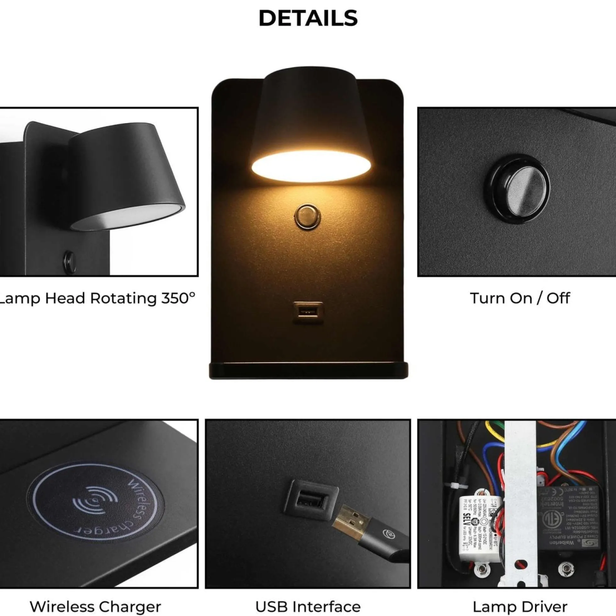 Aplique de pared para lectura con puerto USB "BASKOP W" - 6W - Base carga inalámbrica