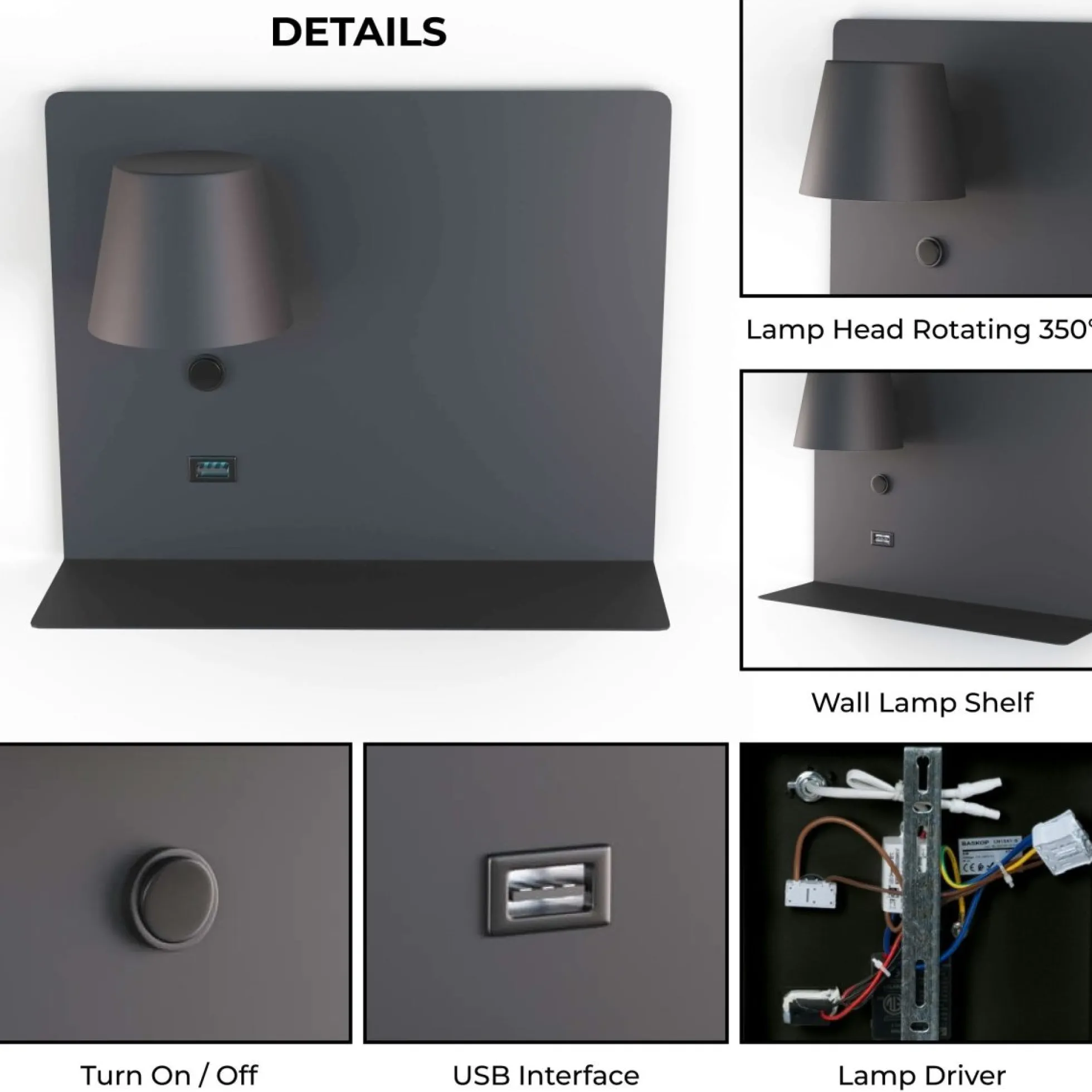 Aplique de pared para lectura con puerto USB "BASKOP" - 6W - Izquierda