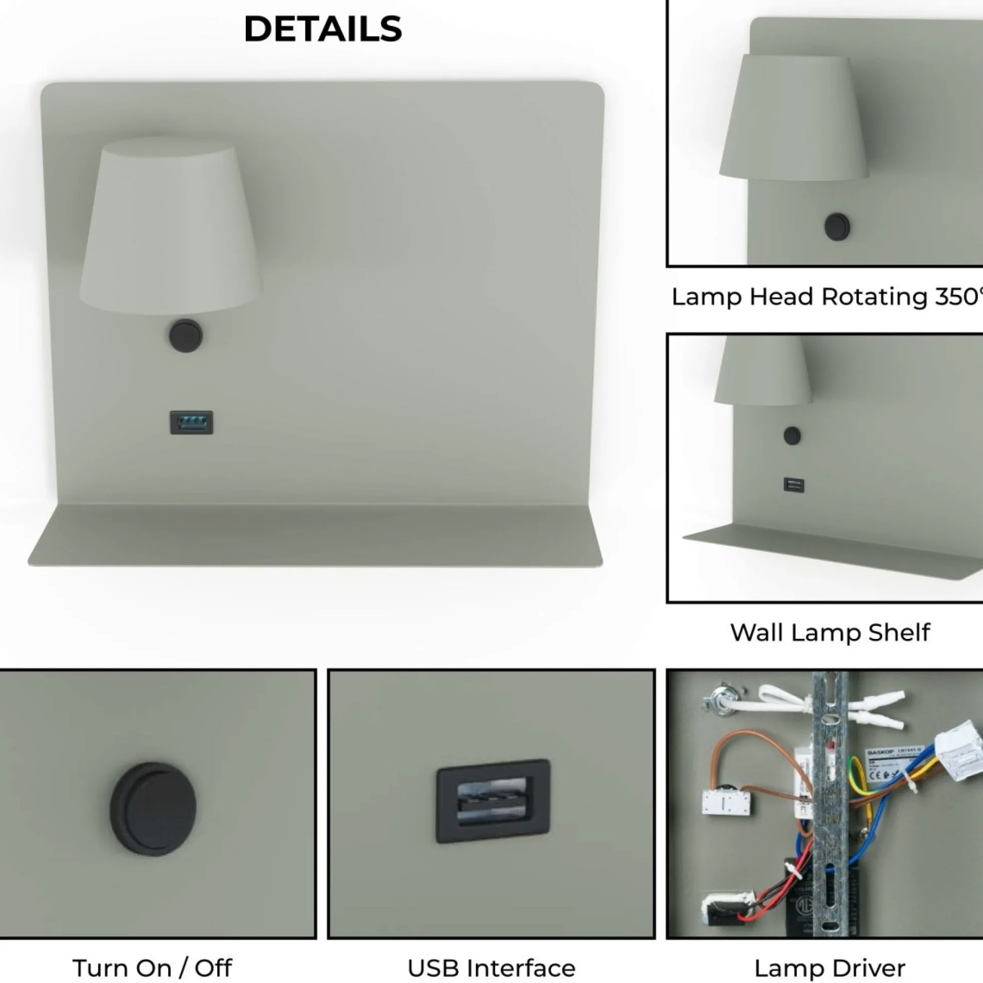 Aplique de pared para lectura con puerto USB "BASKOP" - 6W - Izquierda