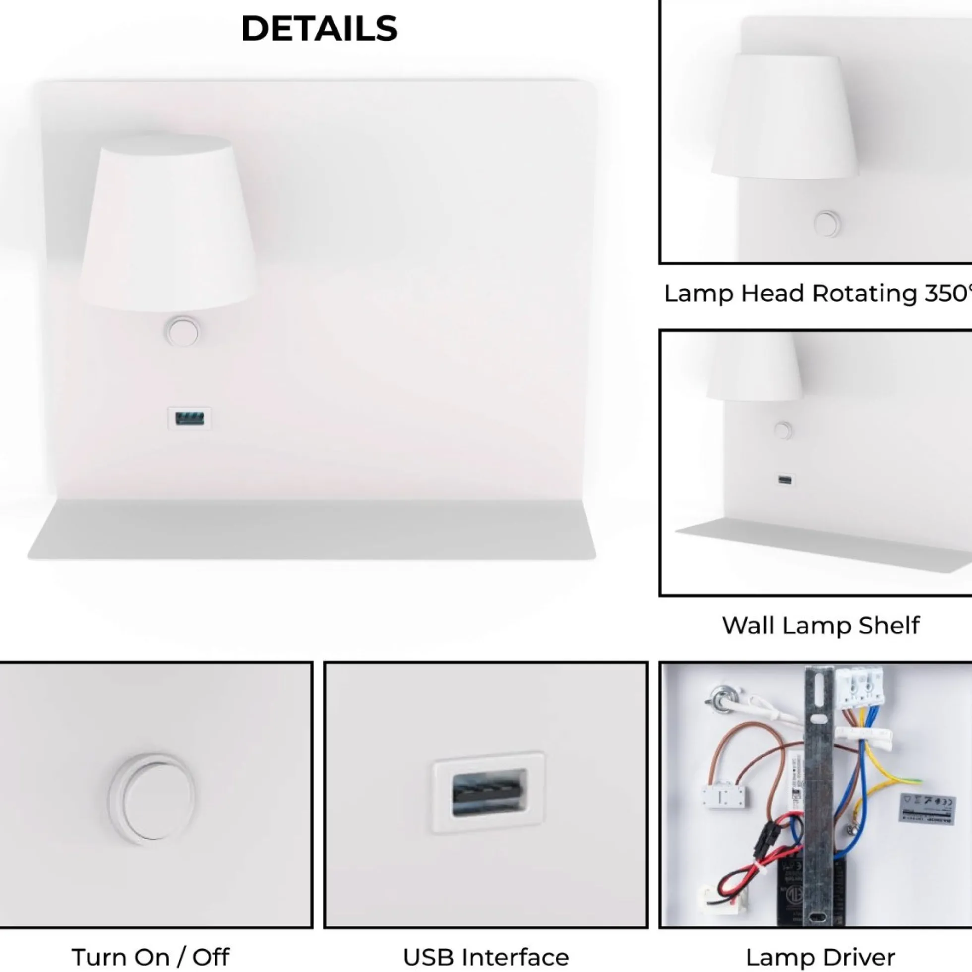 Aplique de pared para lectura con puerto USB "BASKOP" - 6W - Izquierda