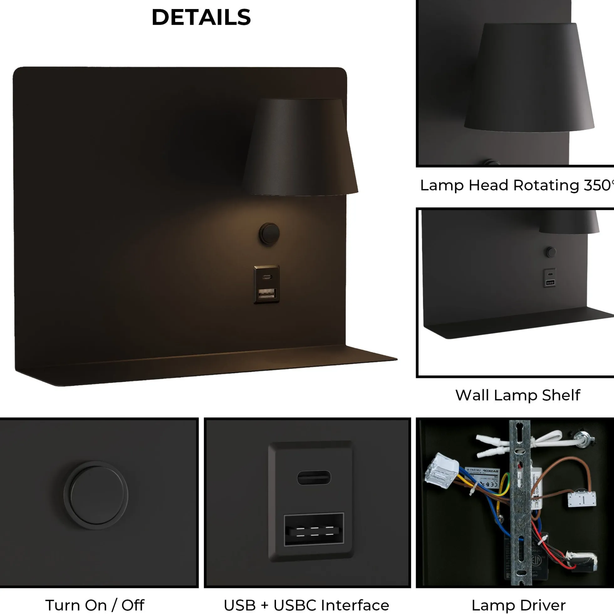 Aplique de pared para lectura "BASKOP" - 6W - CCT - Puerto USB + USB-C