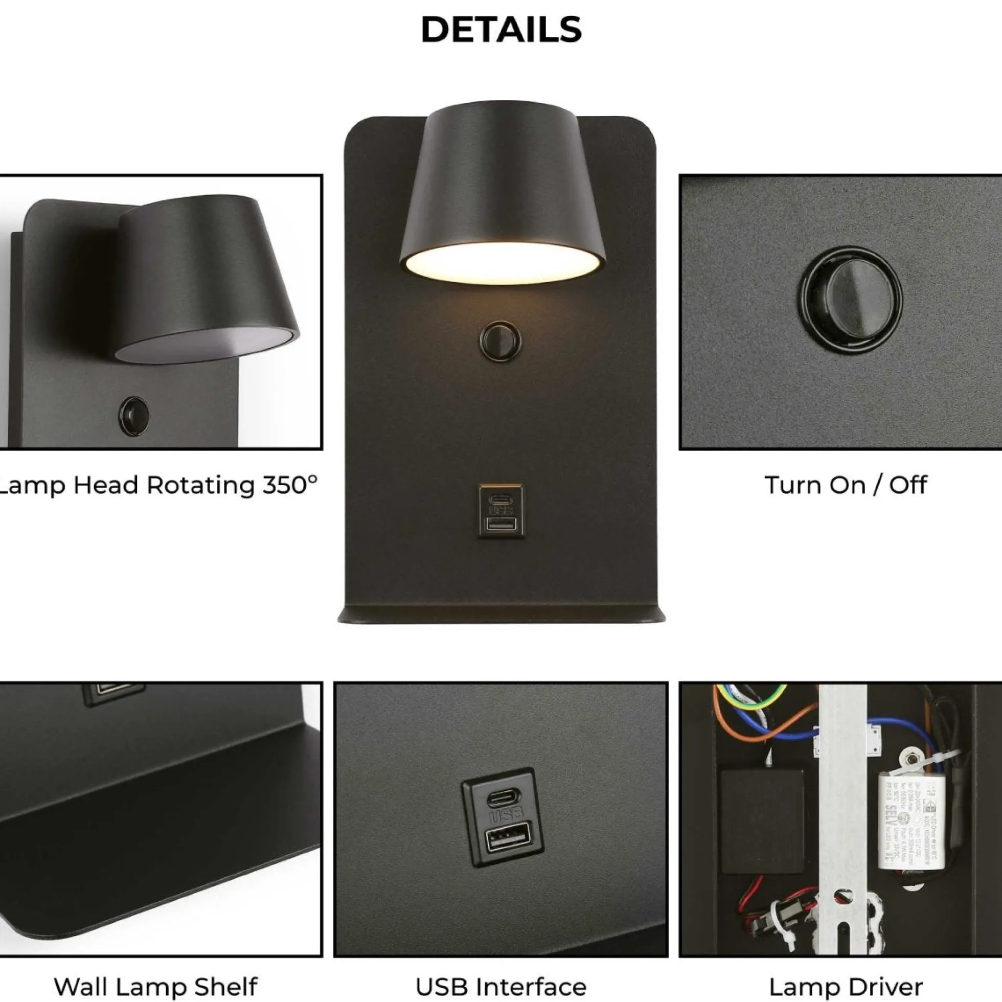 Aplique de pared para lectura "BASKOP" - Puerto USB + USB-C - 6W