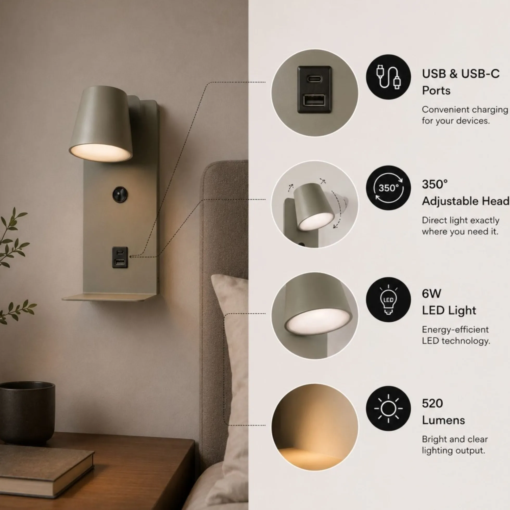 Aplique de pared para lectura "BASKOP" - Puerto USB + USB-C - 6W