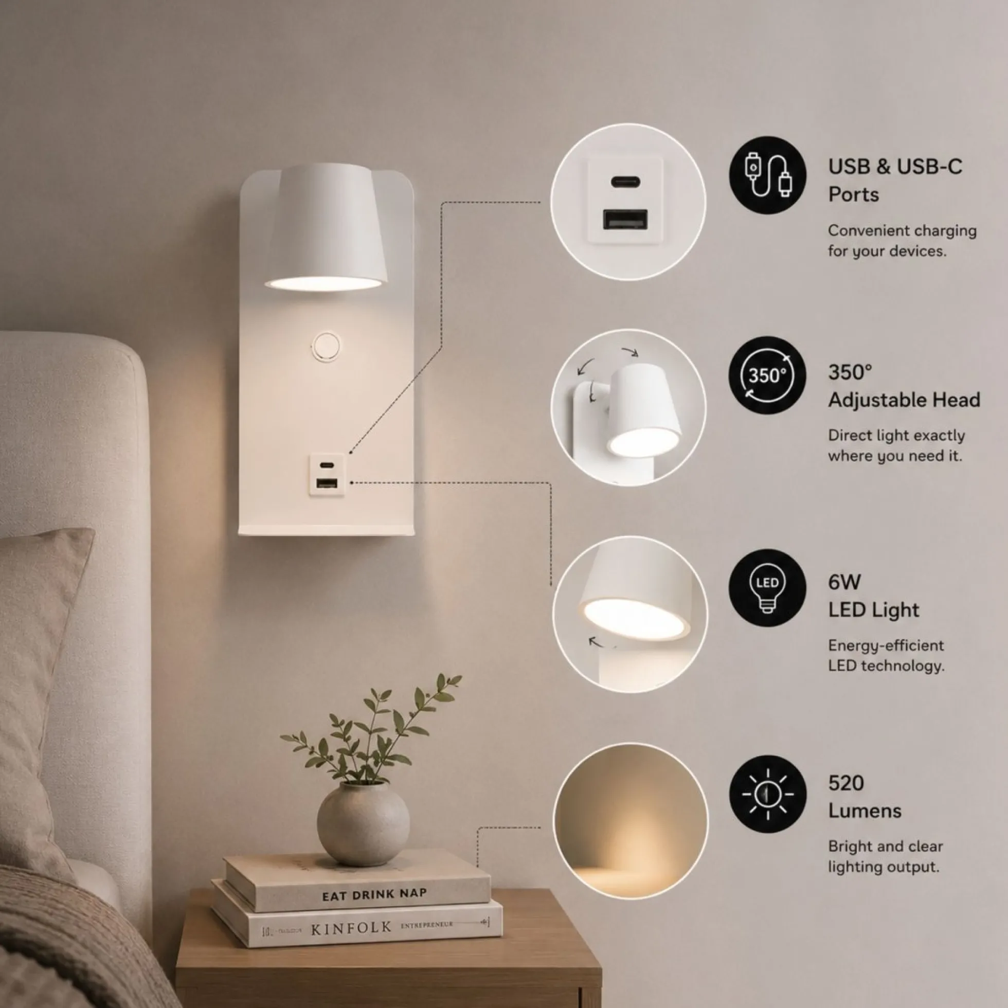 Aplique de pared para lectura "BASKOP" - Puerto USB + USB-C - 6W