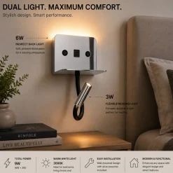 Aplique de pared para lectura "SLANGE 2" - 3W + 6W - Puerto USB + USB-C
