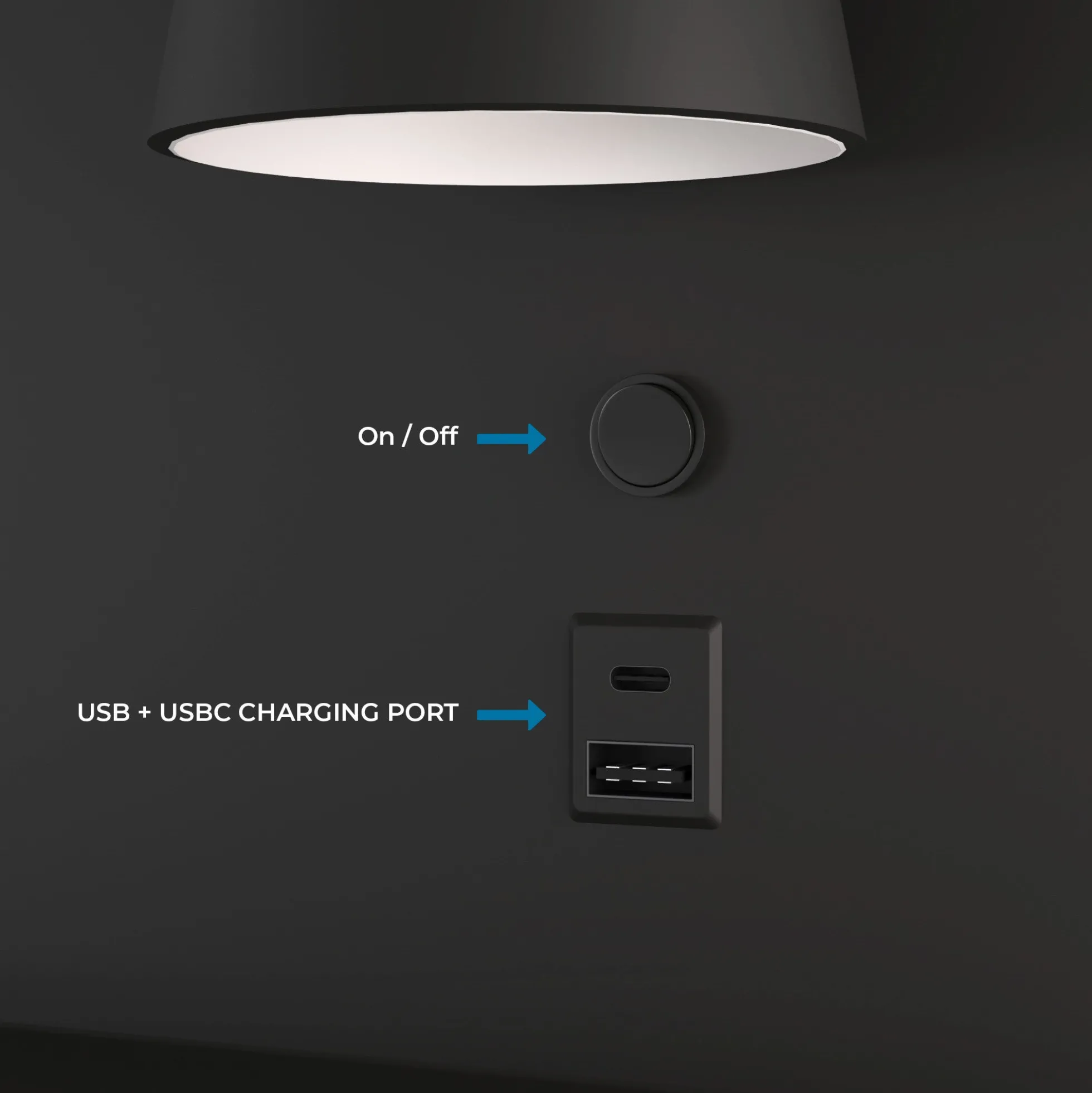 Aplique de pared para lectura con puerto USB y USBC "BASKOP" - 6W - Lado Derecho