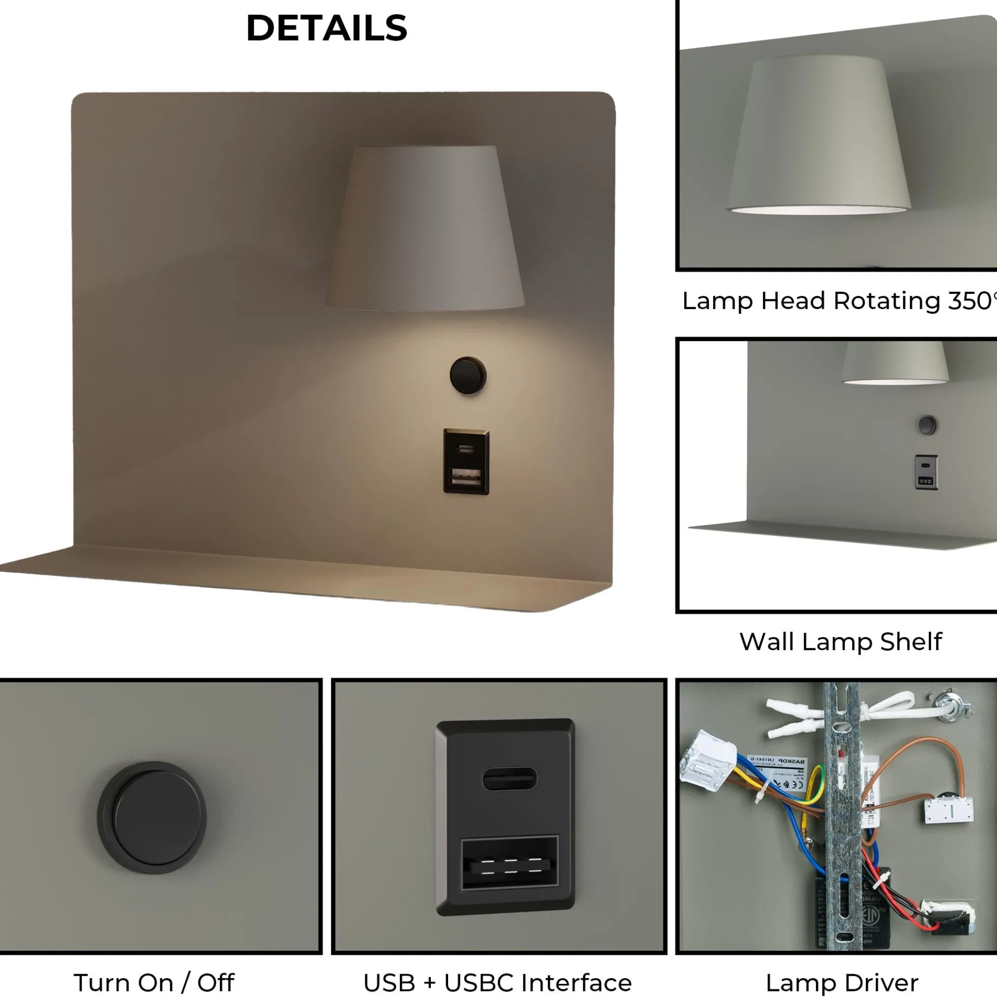 Aplique de pared para lectura con puerto USB y USBC "BASKOP" - 6W - Lado Derecho