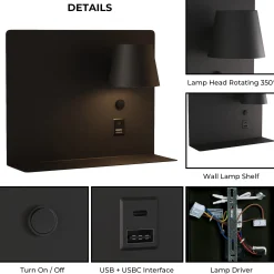 Aplique de pared para lectura con puerto USB y USBC