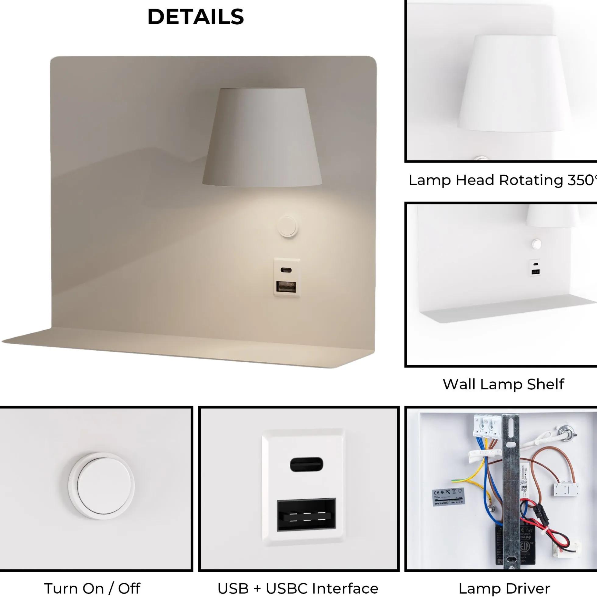 Aplique de pared para lectura con puerto USB y USBC "BASKOP" - 6W - Lado Derecho