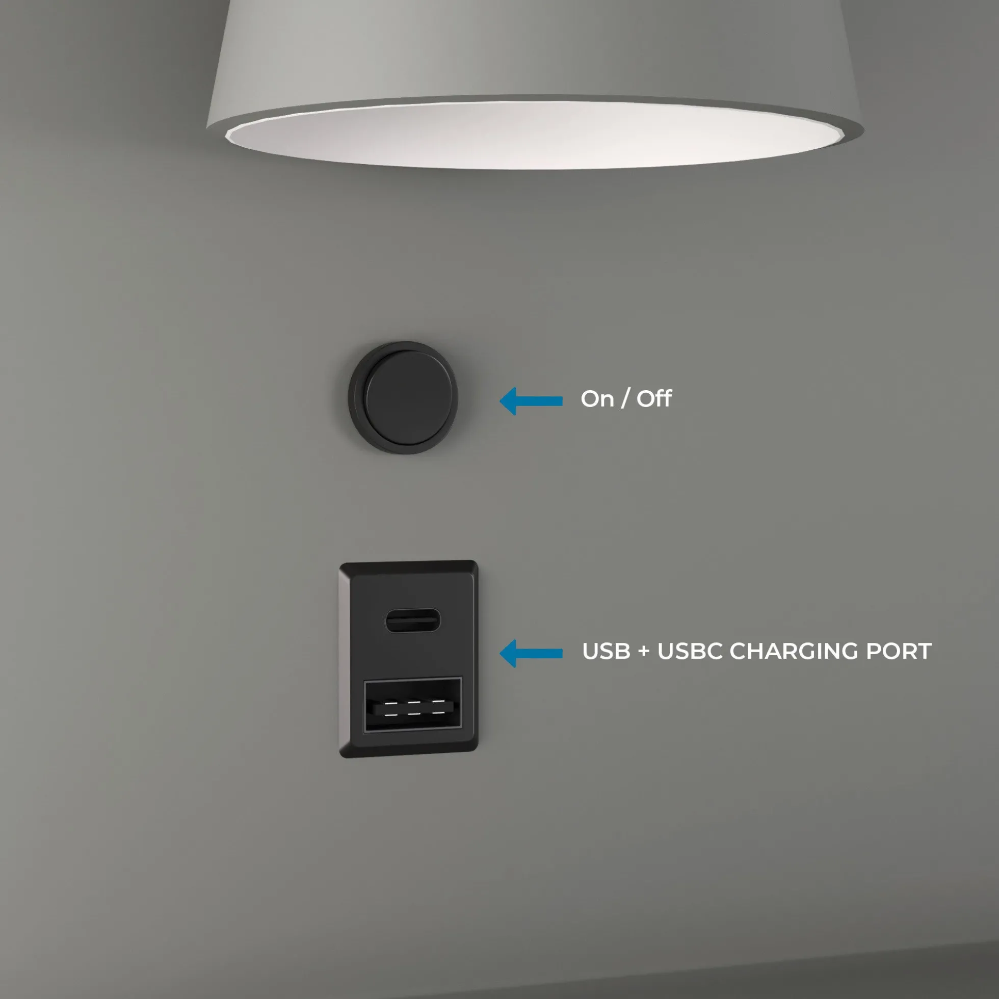 Aplique de pared para lectura con puerto USB y USBC "BASKOP" - 6W - Lado Izquierdo