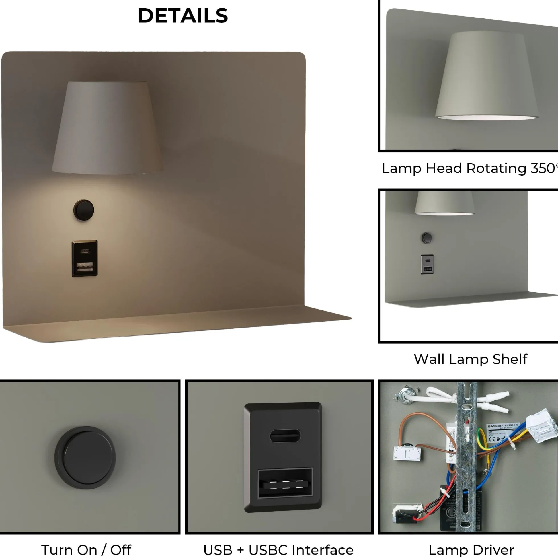 Aplique de pared para lectura con puerto USB y USBC "BASKOP" - 6W - Lado Izquierdo