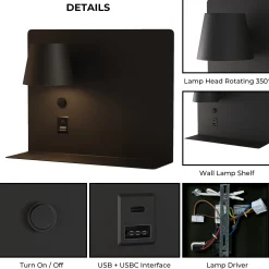 Aplique de pared para lectura con puerto USB y USBC