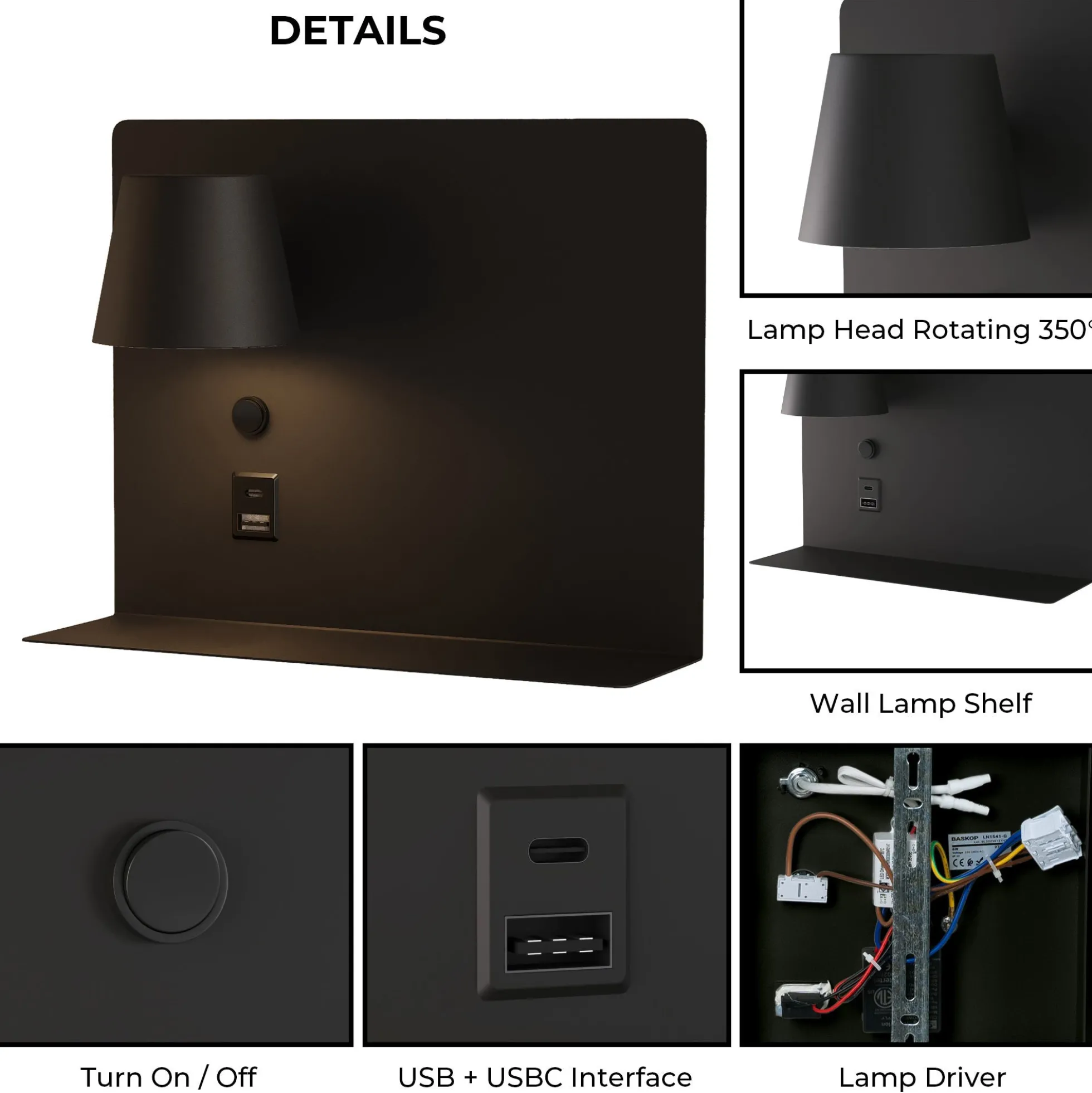 Aplique de pared para lectura con puerto USB y USBC "BASKOP" - 6W - Lado Izquierdo