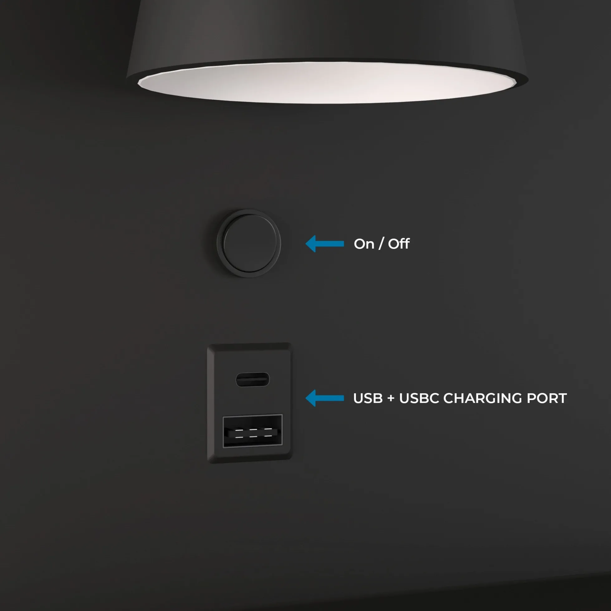 Aplique de pared para lectura con puerto USB y USBC "BASKOP" - 6W - Lado Izquierdo