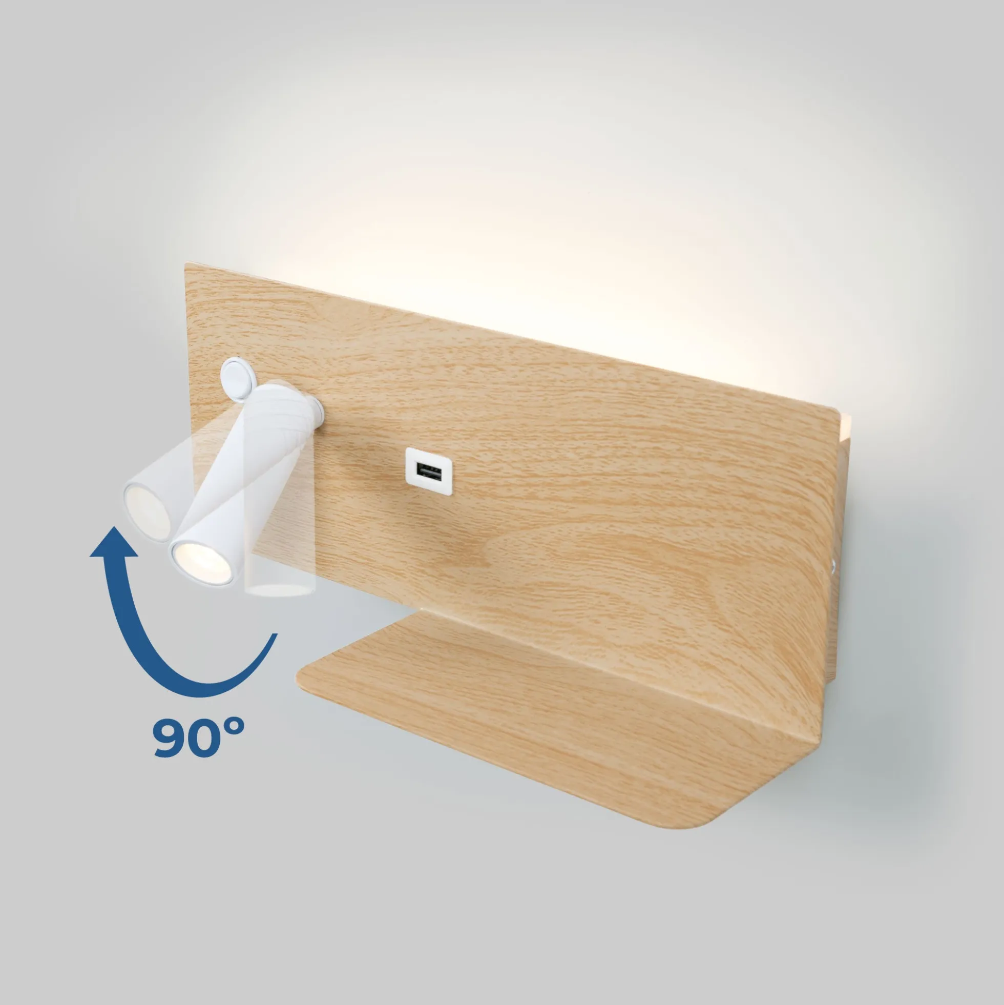 Aplique de pared para lectura con puerto USB "Kerta" - Iluminación doble - 3W+7W, lado izquierdo